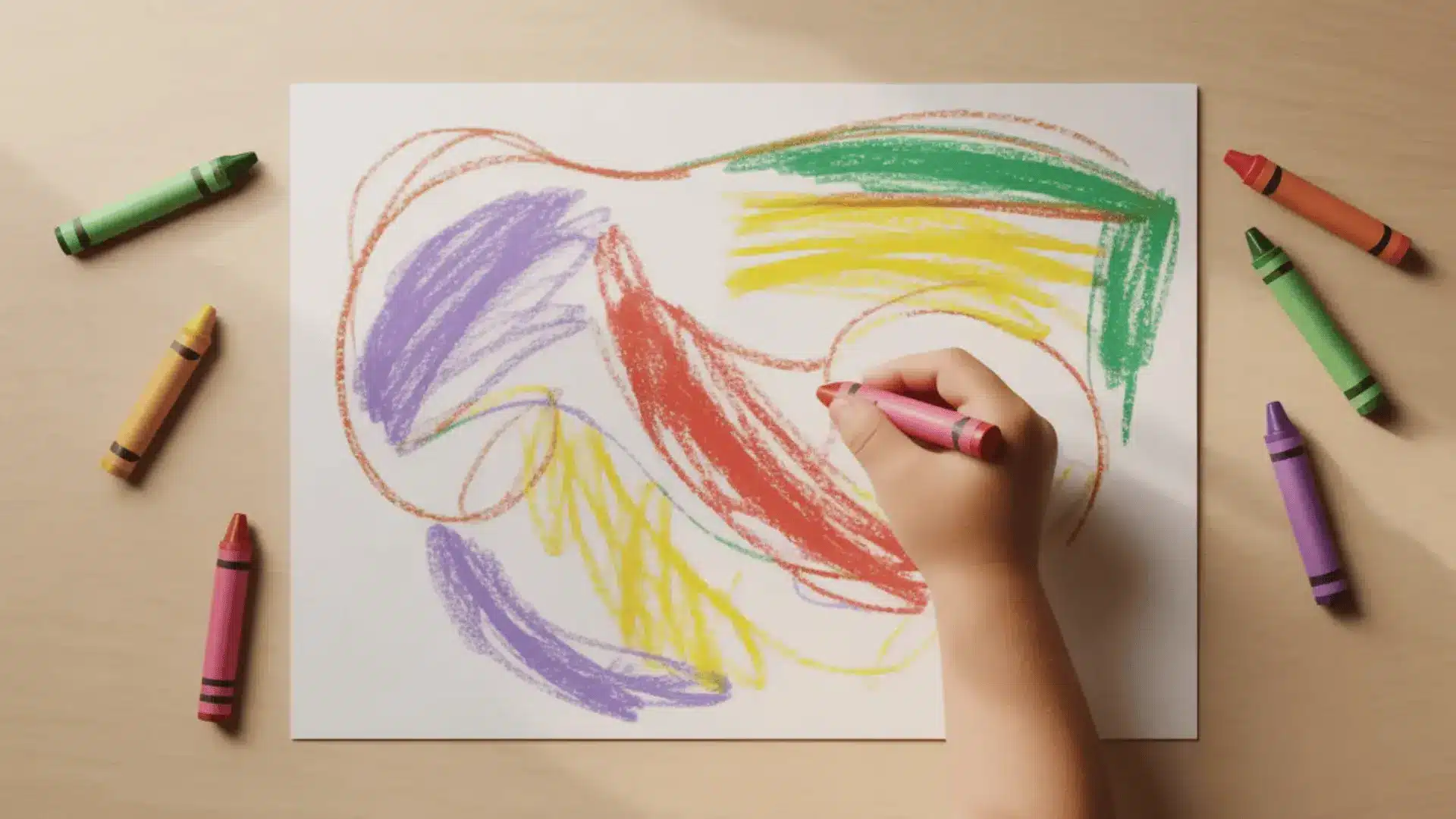 Child’s hand drawing colored shapes on paper with crayons