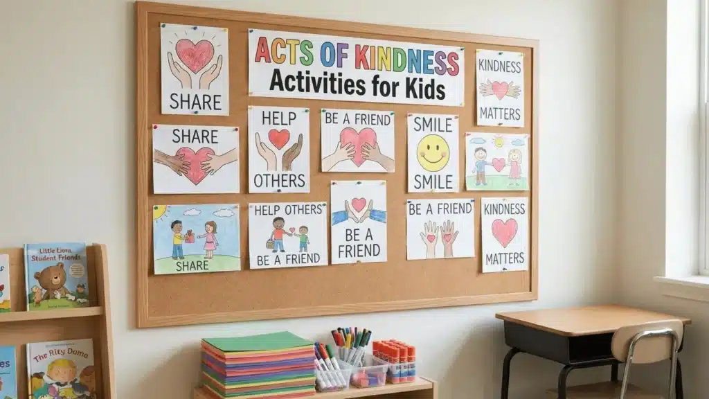 Classroom wall with student drawings and posters about kindness