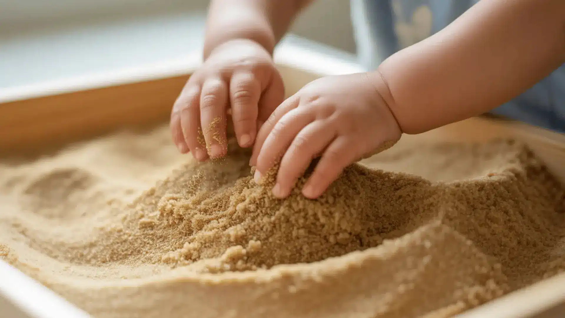 Close-up of a young child’s hands playing with sand in a shallow wooden tray, gently shaping small mounds indoors.