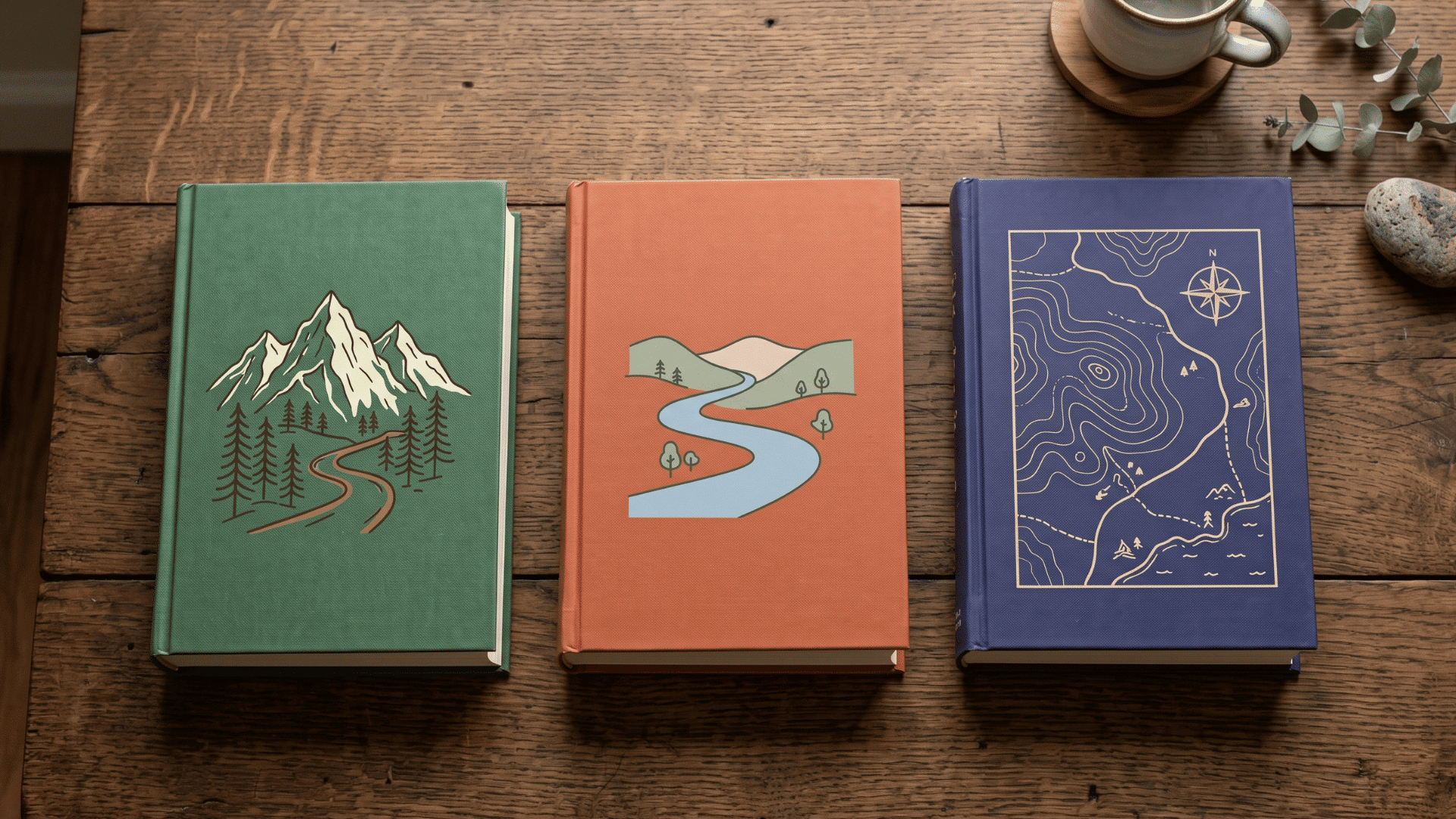 closed books with forest, mountain, and island covers on a wooden table showing adventure themes