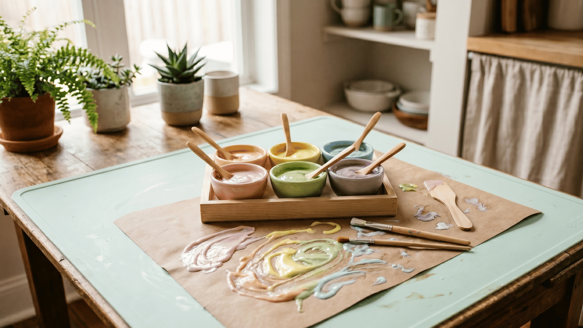 colored yogurt painting setup with paper and baby-safe sensory art supplies