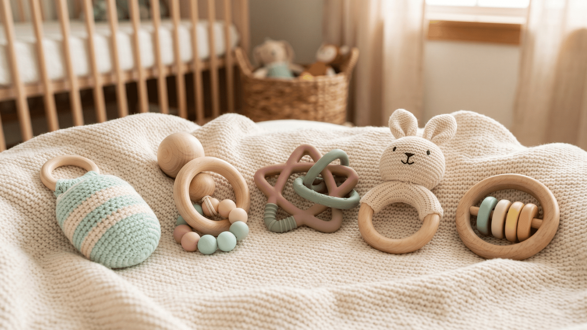 colorful baby rattles and shakers arranged on a soft nursery blanket