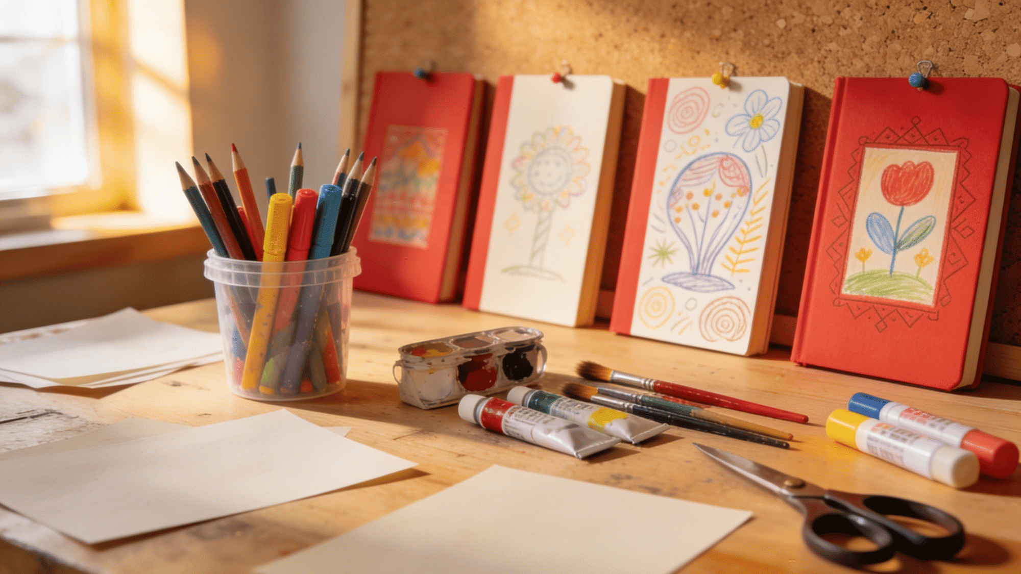 colorful book cover redesigns on a wall beside craft table with markers paints pencils and art supplies neatly arranged