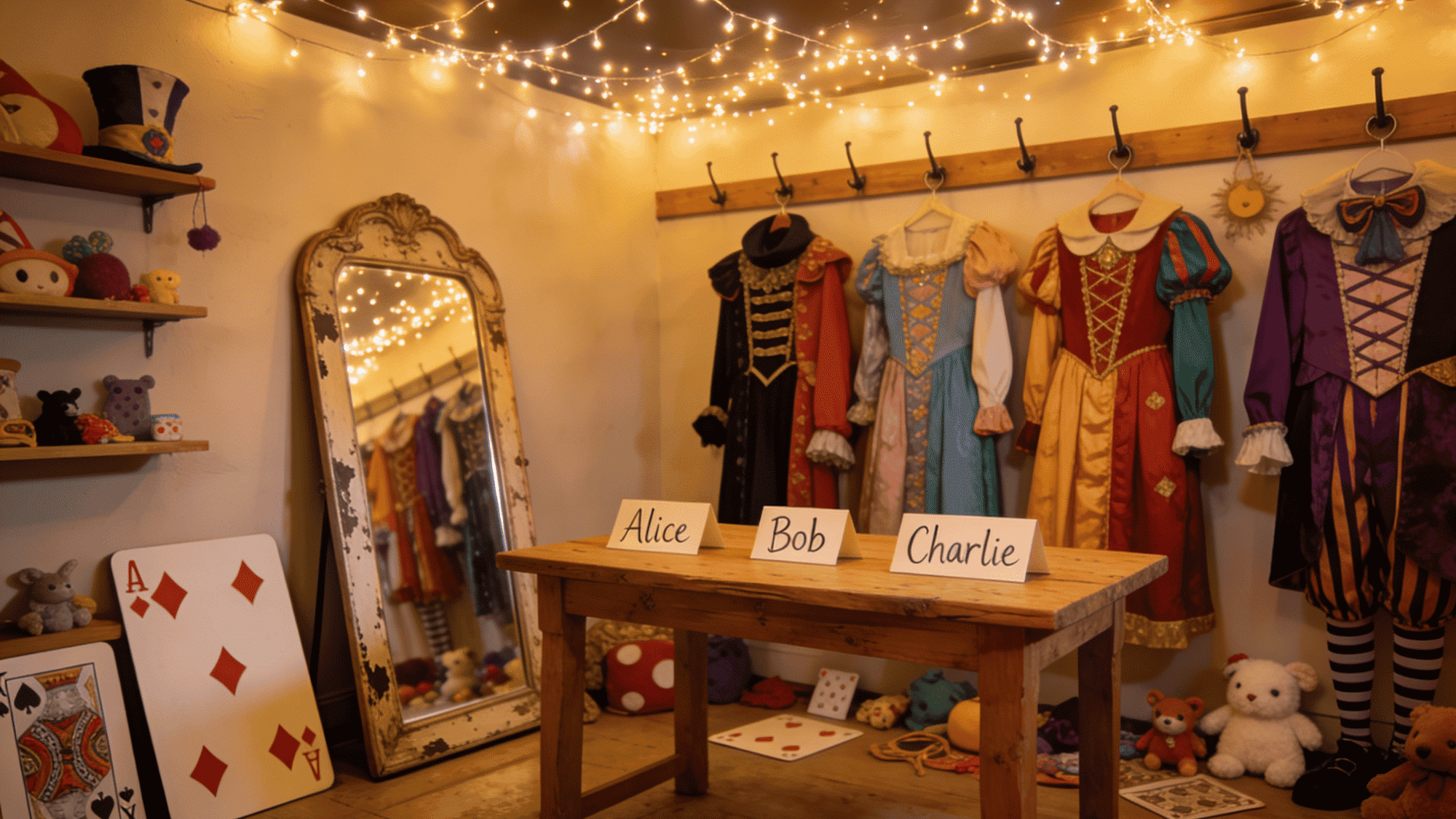 colorful costume display corner with props name tags fairy lights and vintage mirror for a character themed book night