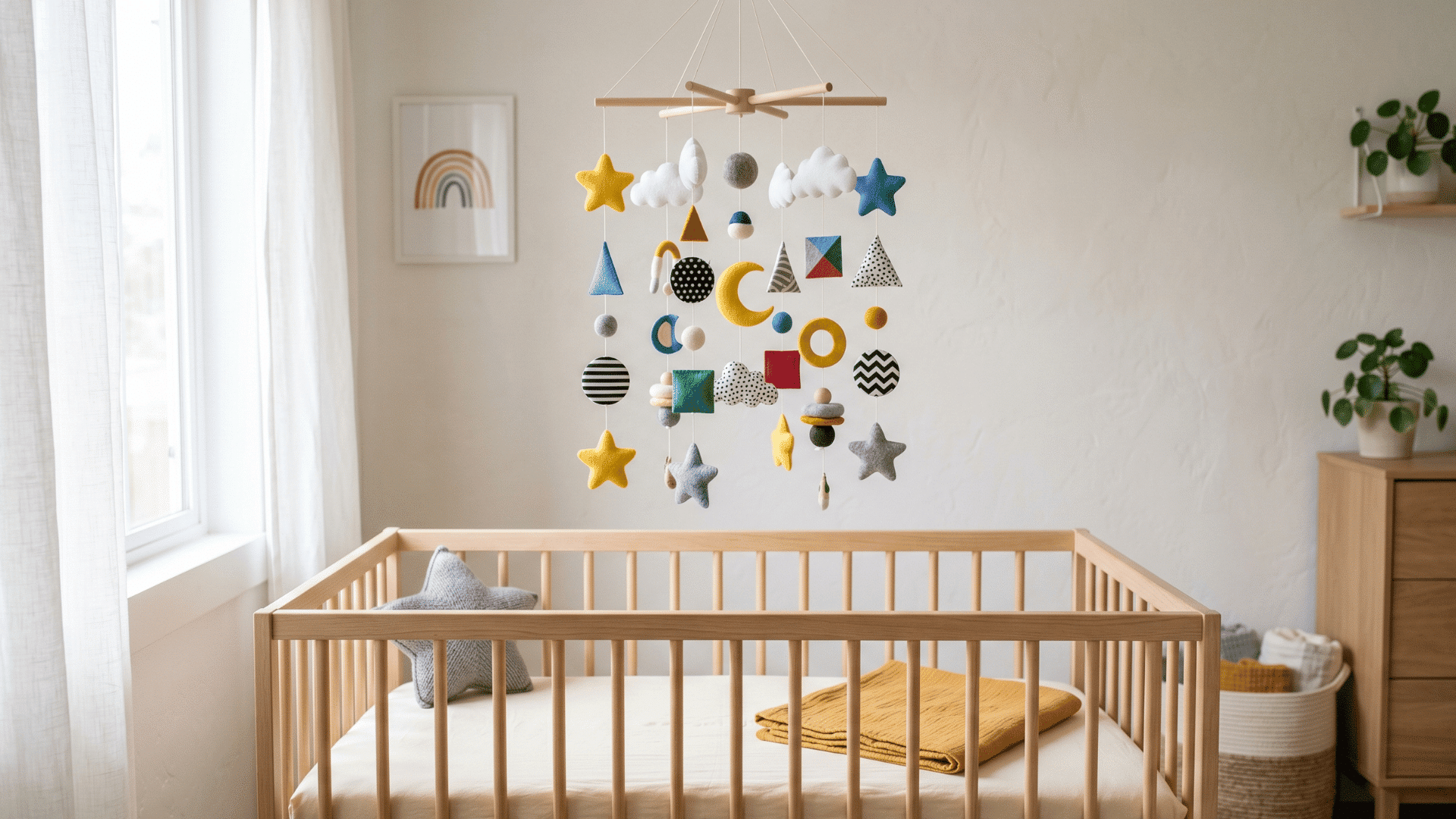 colorful hanging baby mobile above a minimal nursery crib setup