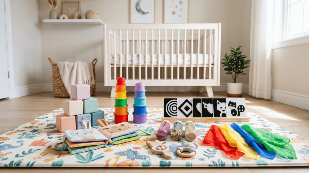 colorful infant activity toys and sensory play setup in a cozy nursery room