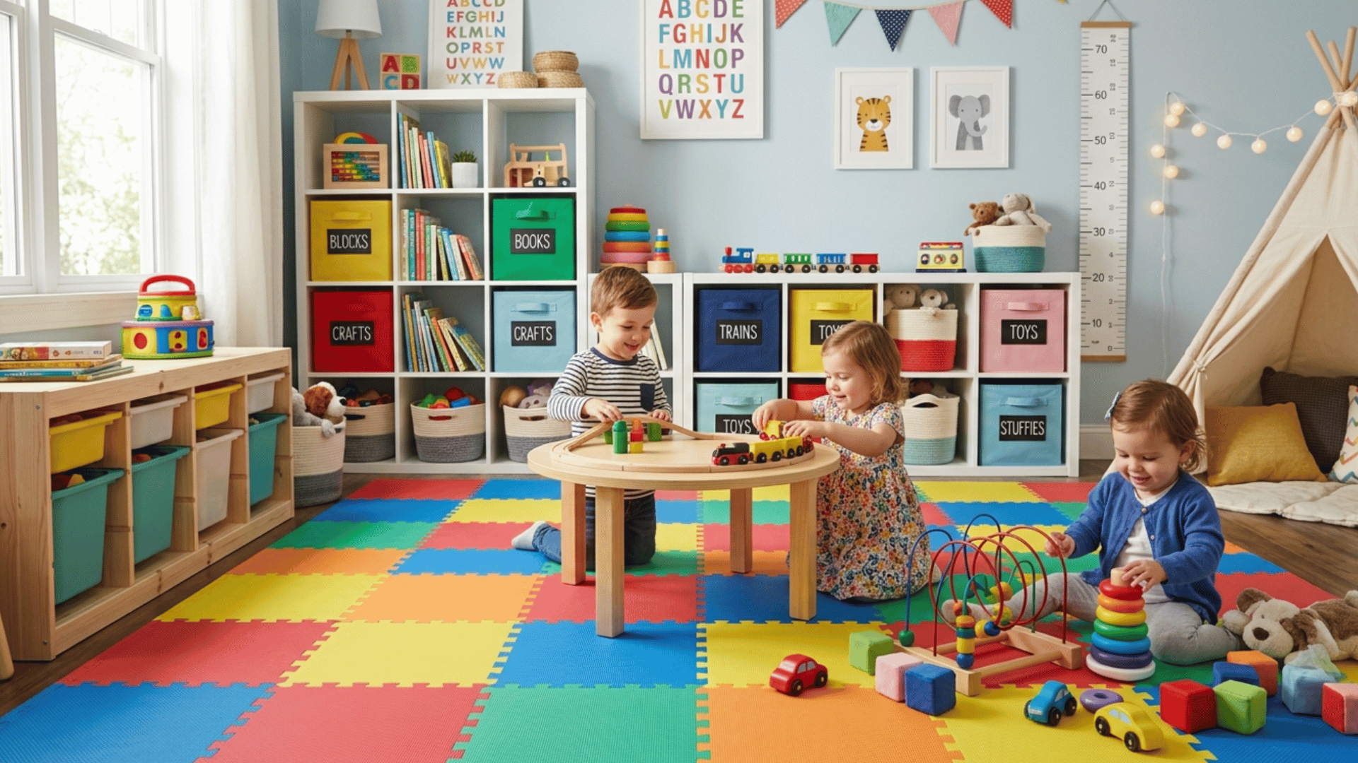 colorful kids playroom with foam puzzle mats, toy storage, and soft safe flooring for toddlers