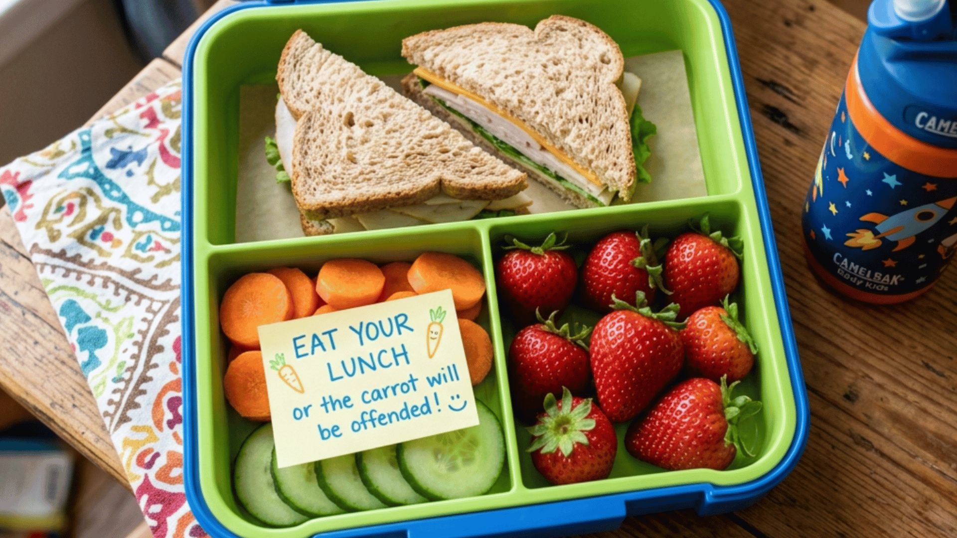 colorful lunch box with sandwich, strawberries, carrots, and a funny sticky note on a wooden table