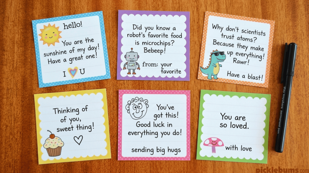 colorful lunch notes for kids with cute drawings, sweet messages, and jokes arranged on a wooden table.