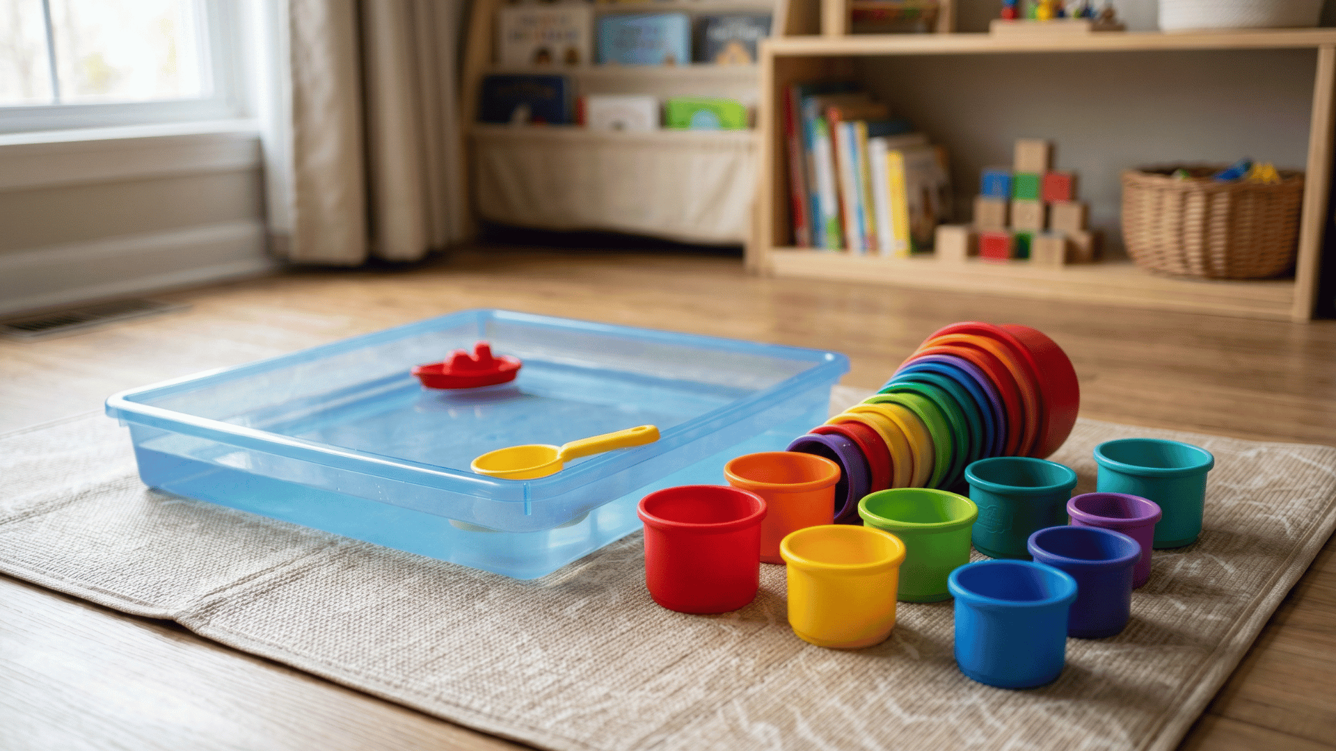 colorful nesting cups beside a shallow tray of calm water on a play mat