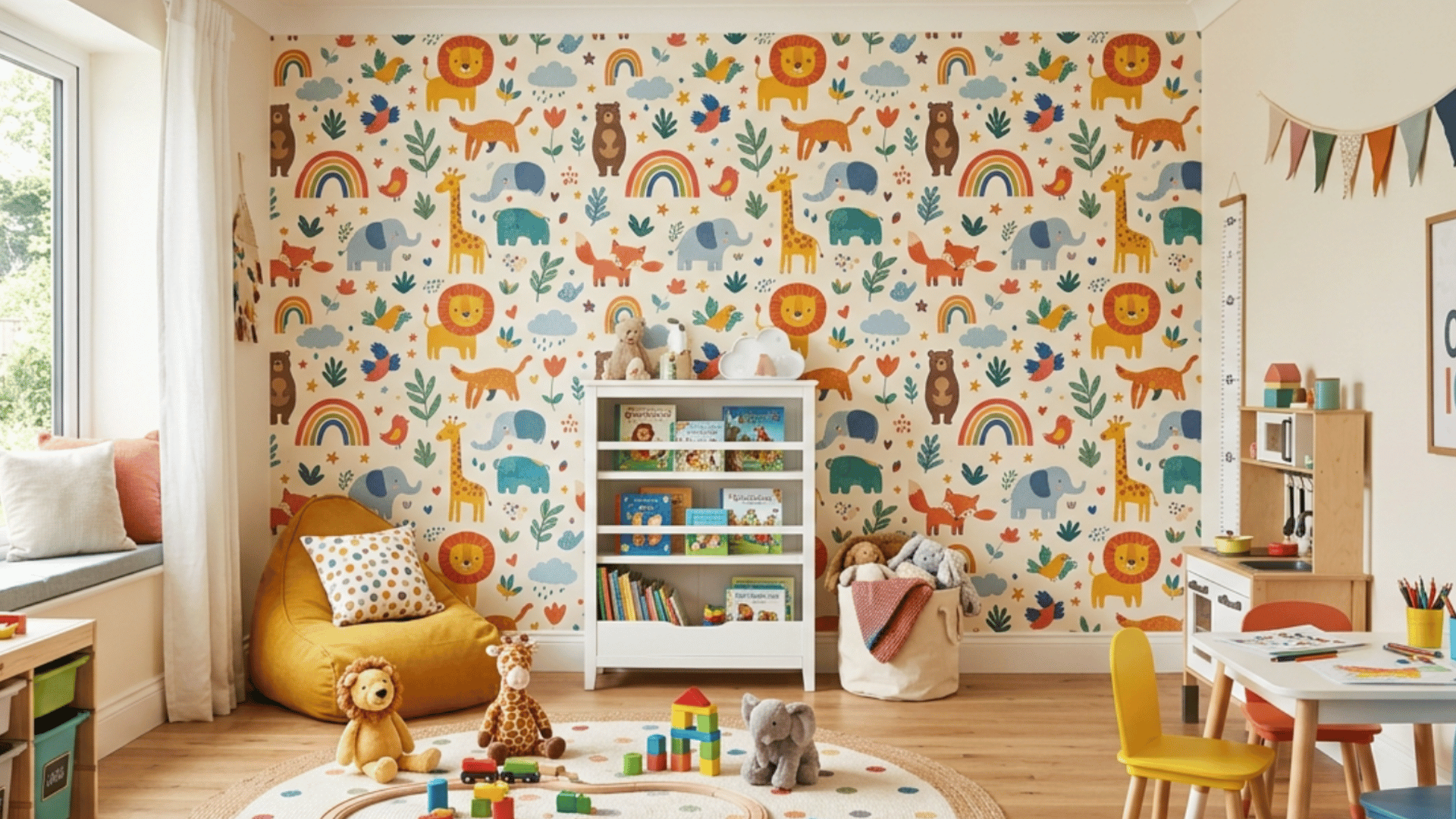 colorful playroom with peel-and-stick wallpaper, playful decor, toy storage, and cheerful family space