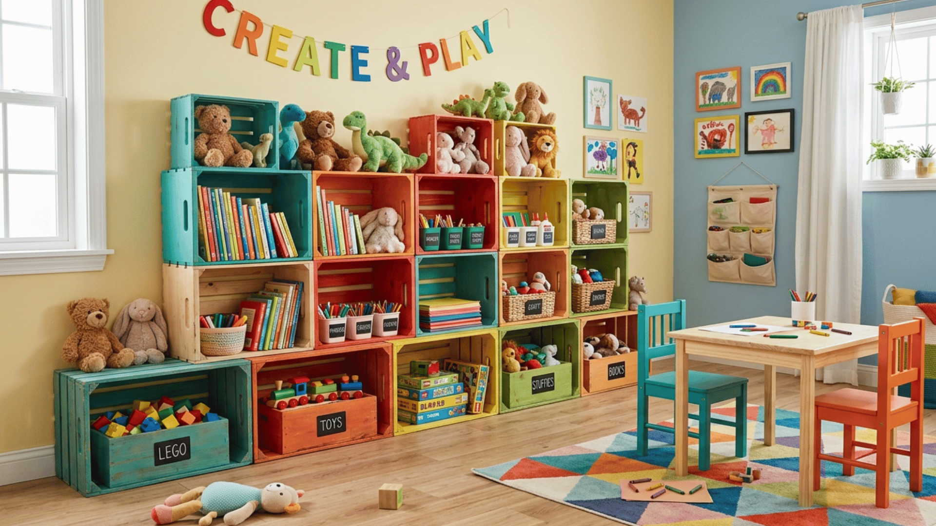colorful playroom with wooden crate toy storage, bookshelves, stuffed animals, and organized decor