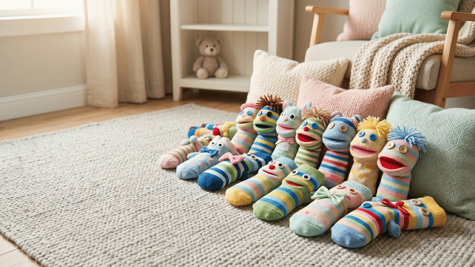 colorful sock puppets beside blank books on a cozy nursery rug