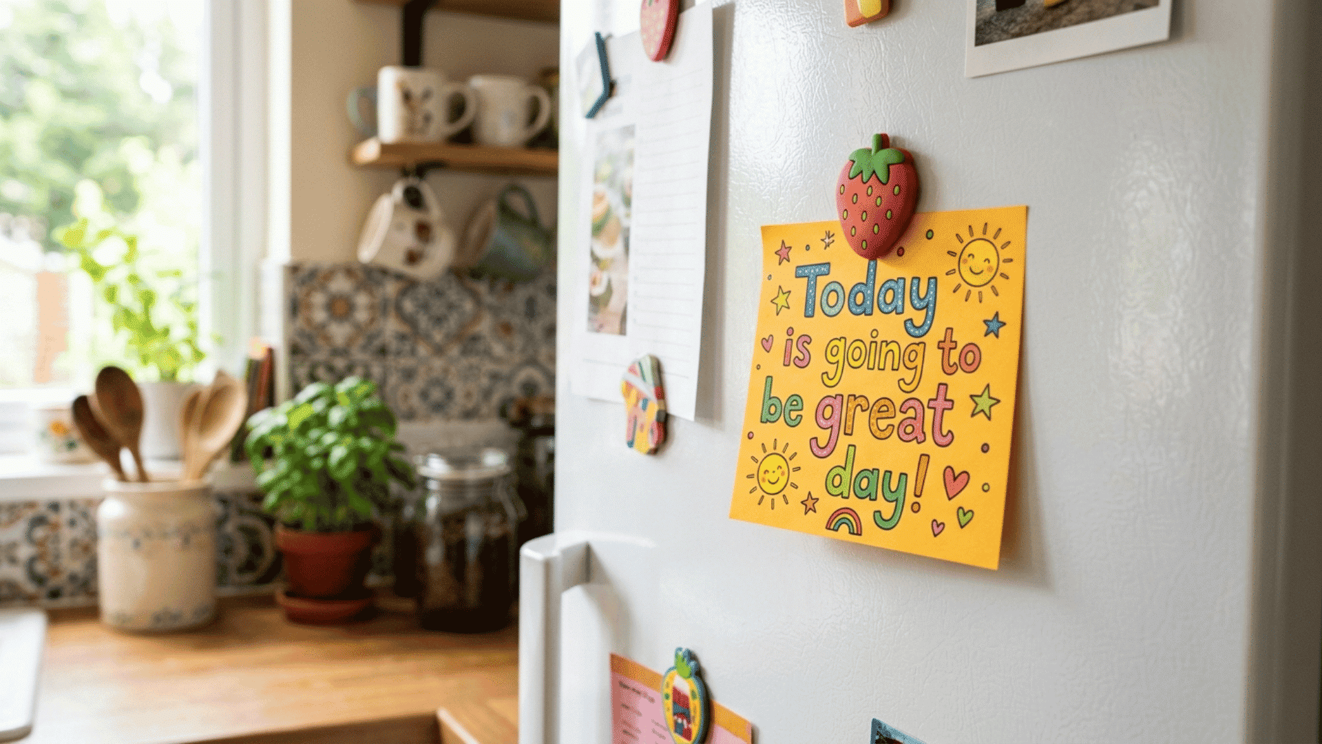colorful sticky note saying today is going to be a great day stuck on a refrigerator door with a bright fruit shaped magnet