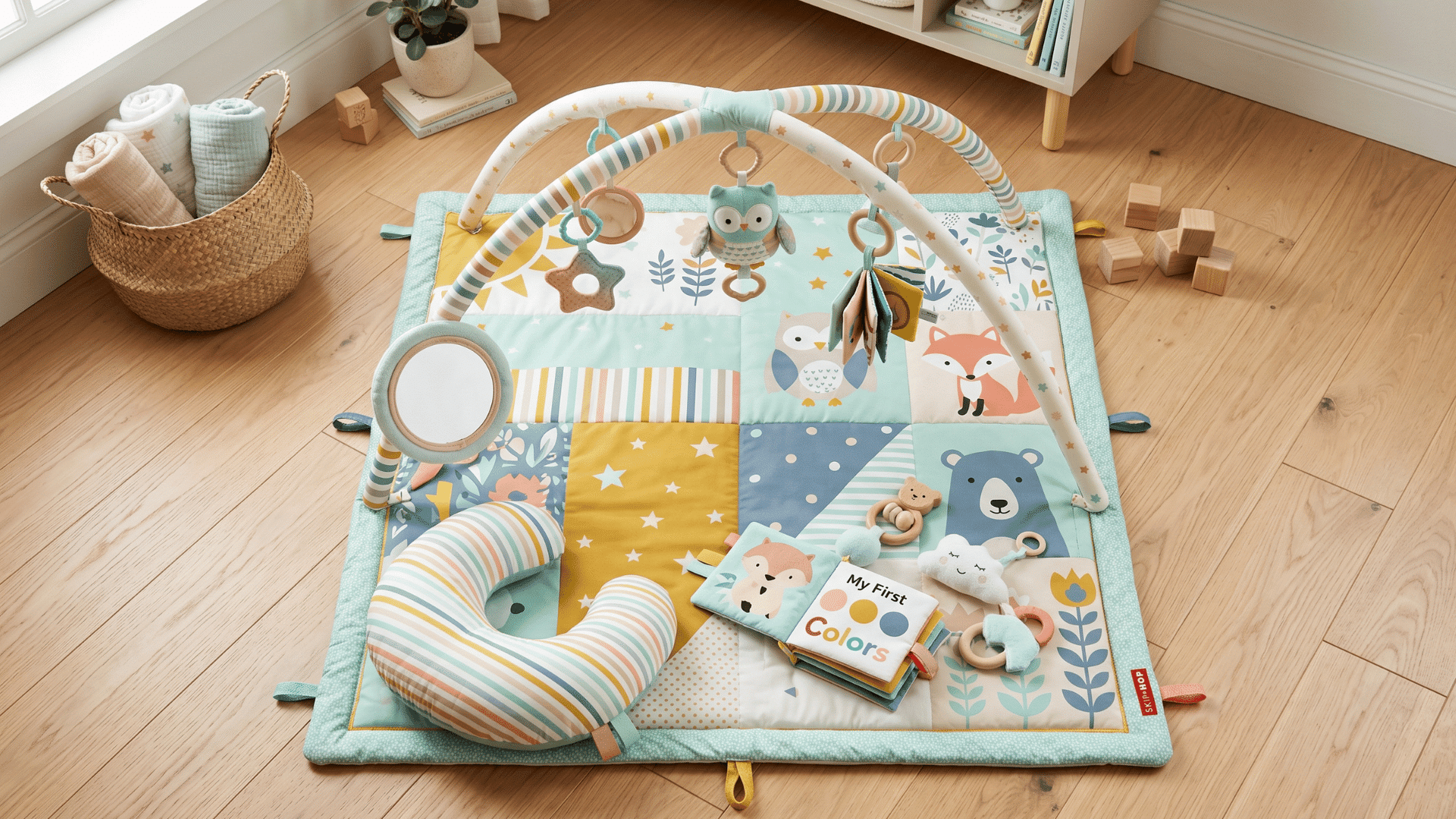 colorful tummy time play mat with soft toys, mirror, and padded floor setup