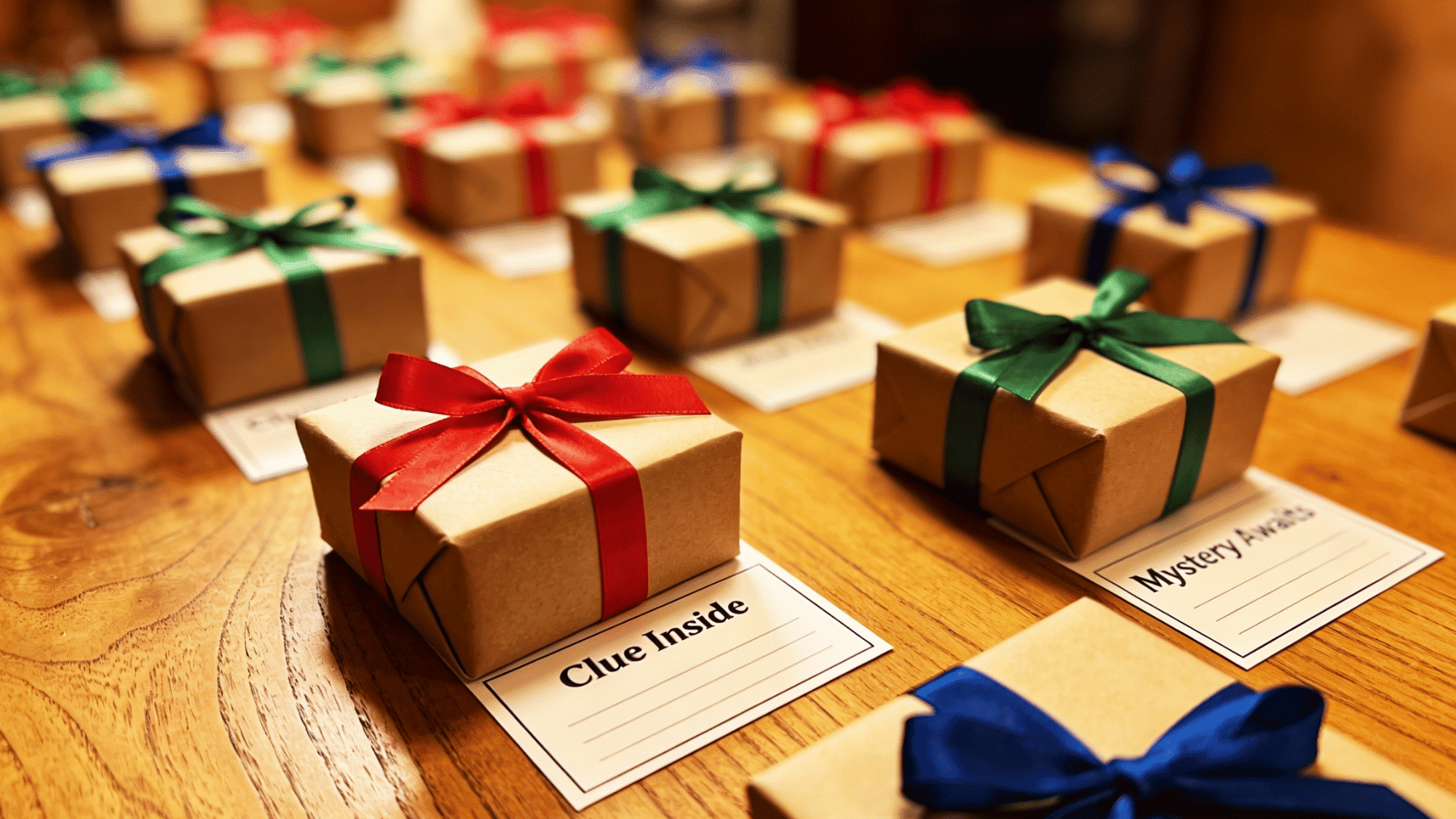 colorful wrapped mystery boxes with ribbons and printed hint cards arranged on a wooden table for a fun book reveal game