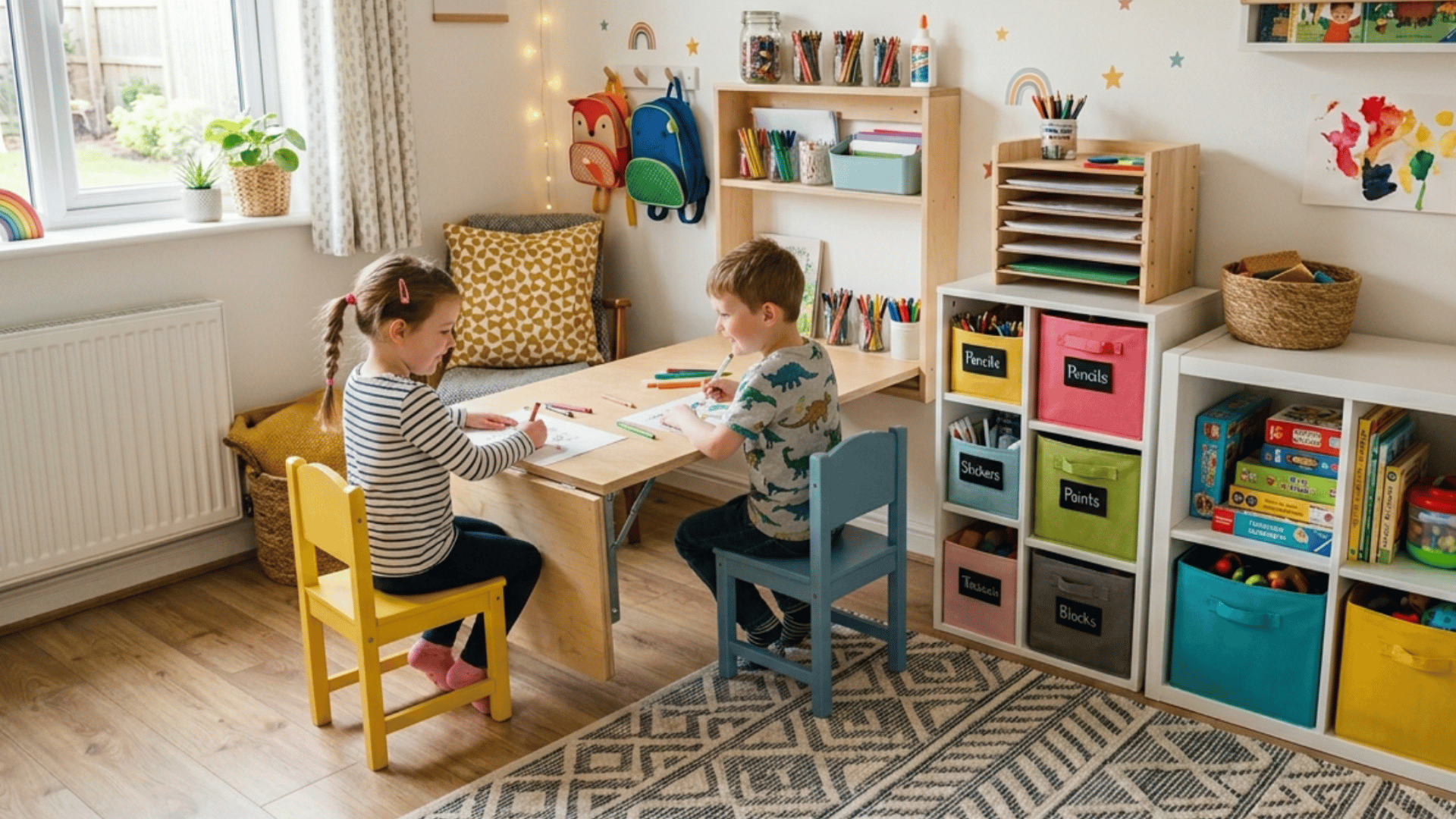 compact kids playroom with fold-down wall table, craft supplies, and space-saving storage design