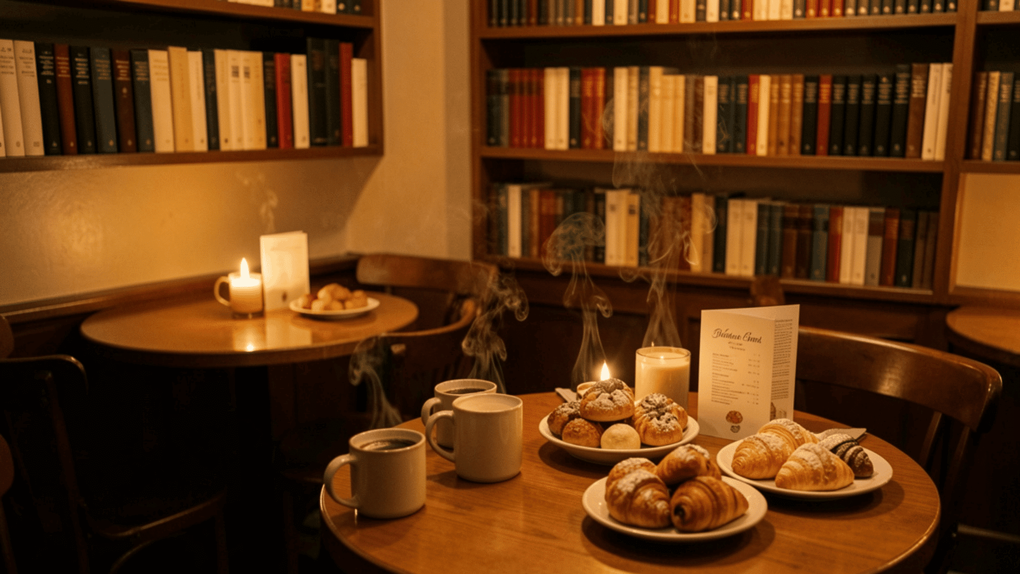 cozy café style setup with steaming coffee mugs pastries candles printed menu cards and classic novels in warm golden light