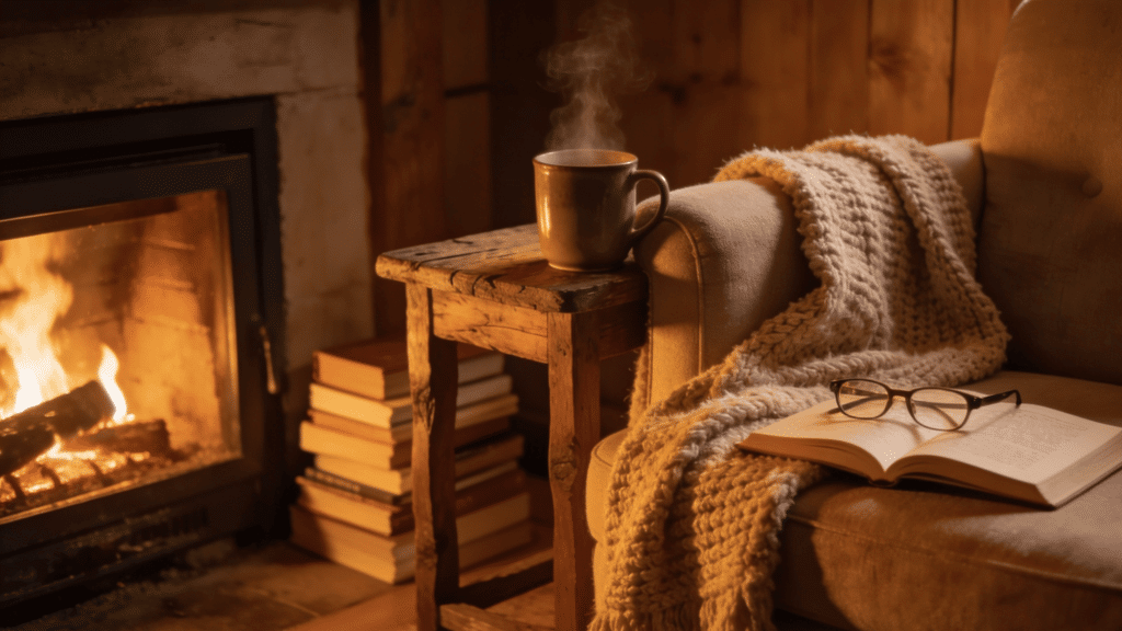 cozy fireplace reading corner with glowing fire stacked books knitted blanket steaming mug and open book with reading glasses