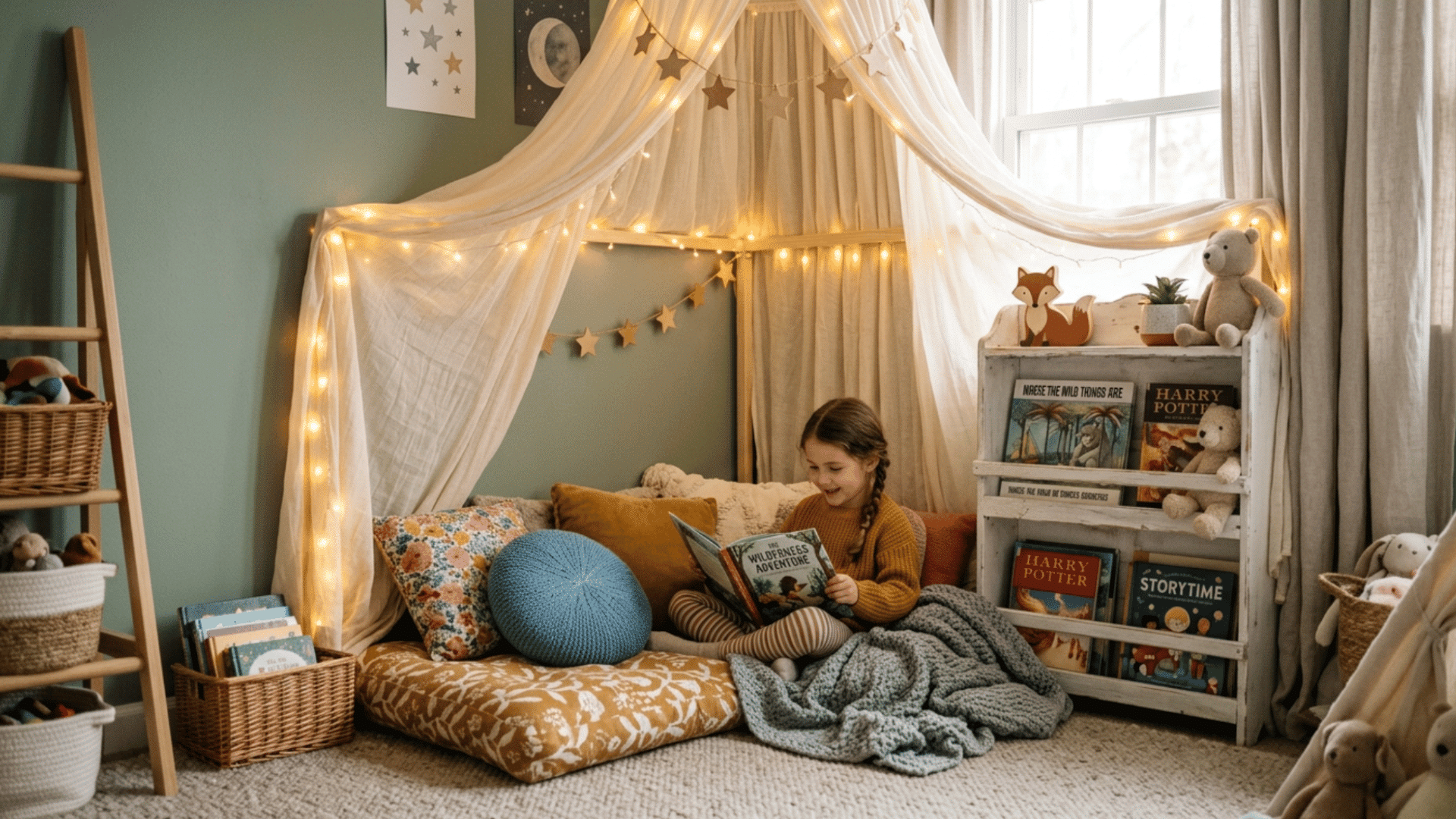 cozy kids reading nook with diy canopy, fairy lights, floor cushions, books, and soft rug decor
