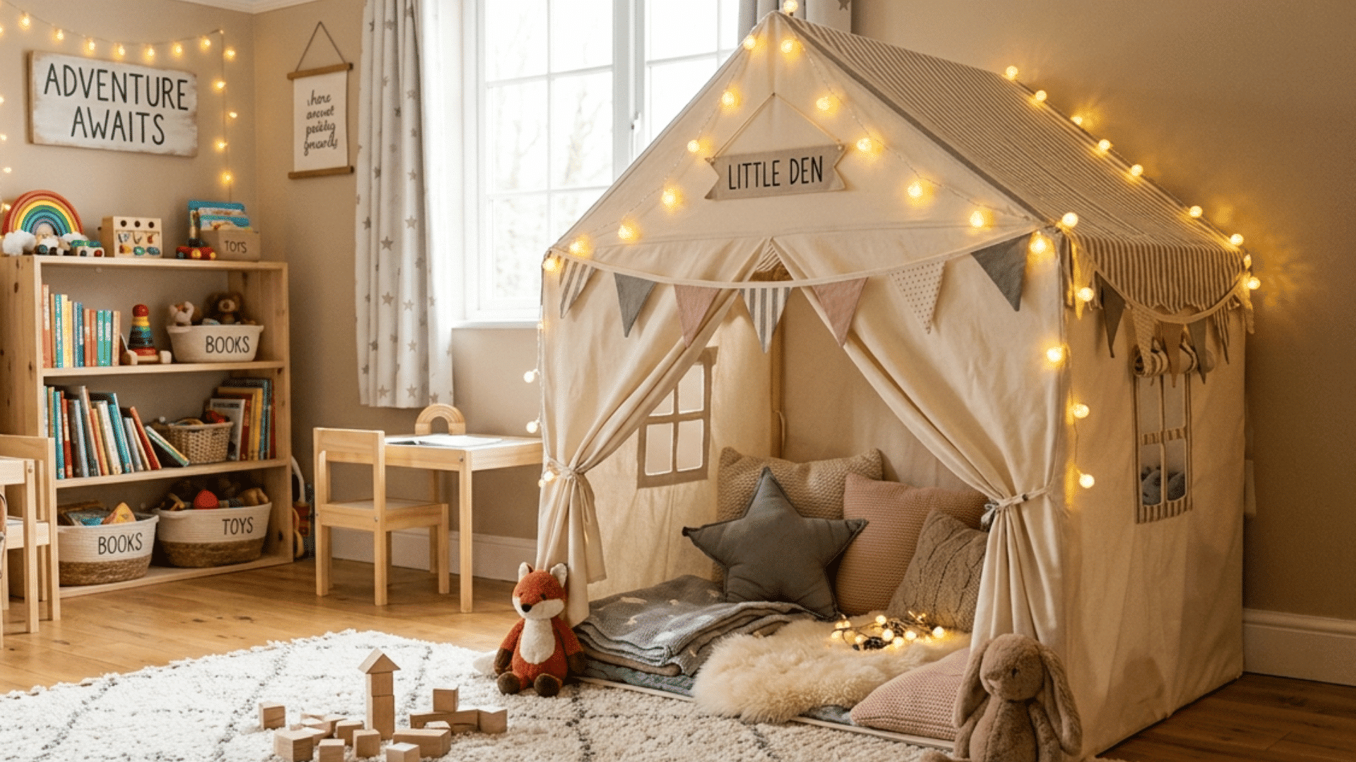 cozy kids teepee tent with pillows, fairy lights, blankets, and playful reading corner in playroom