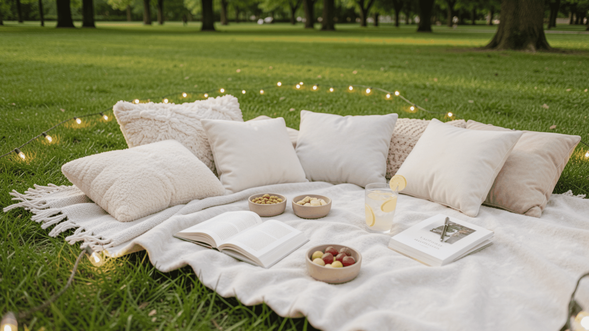 cozy outdoor reading picnic setup with blankets, cushions, open books, snacks, and fairy lights on a grassy lawn