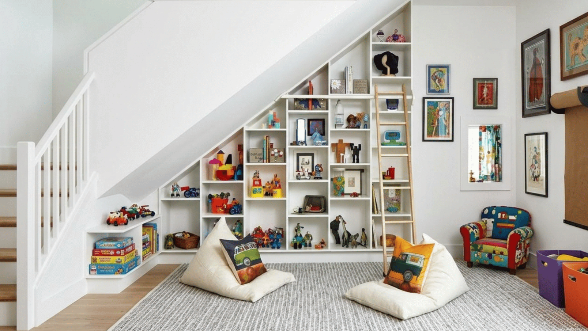 cozy playroom with angled wall shelves, toy baskets, books, and smart storage under vaulted ceiling