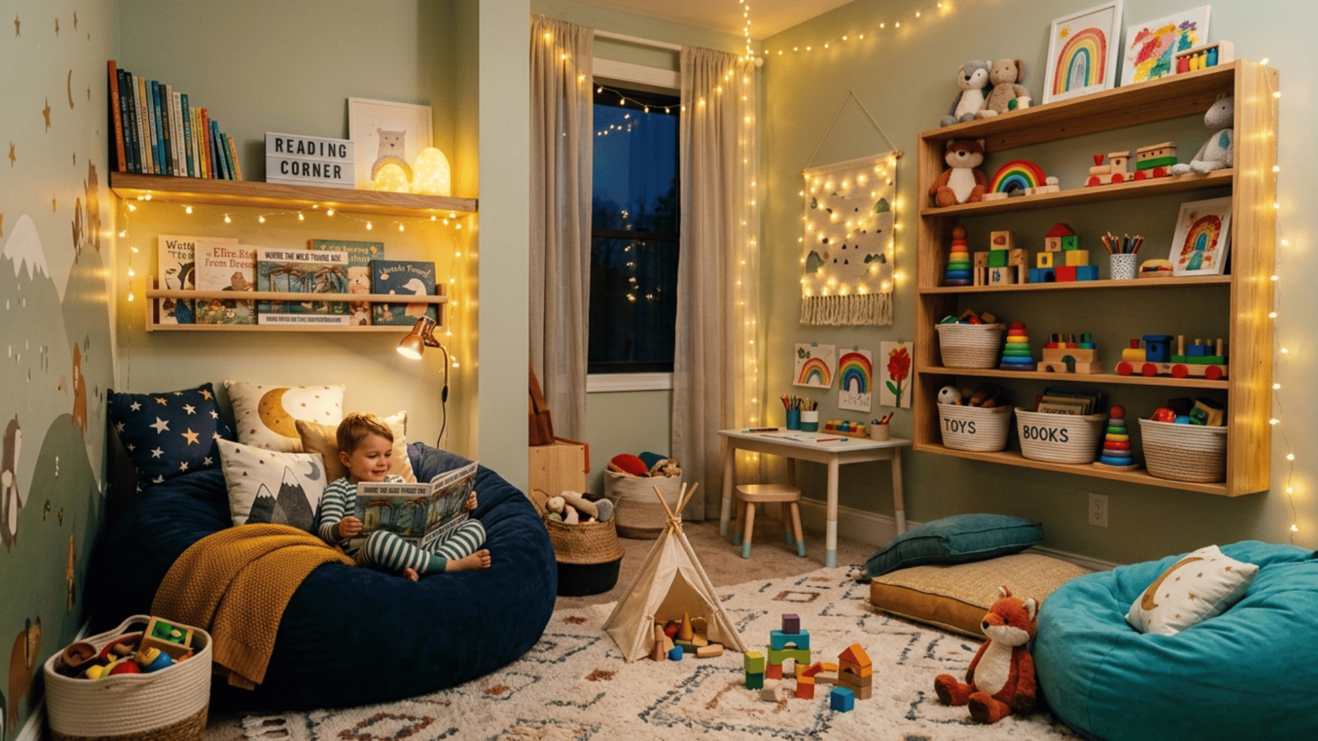 cozy playroom with warm string lights, bean bags, toy shelves, and relaxing reading corner setup