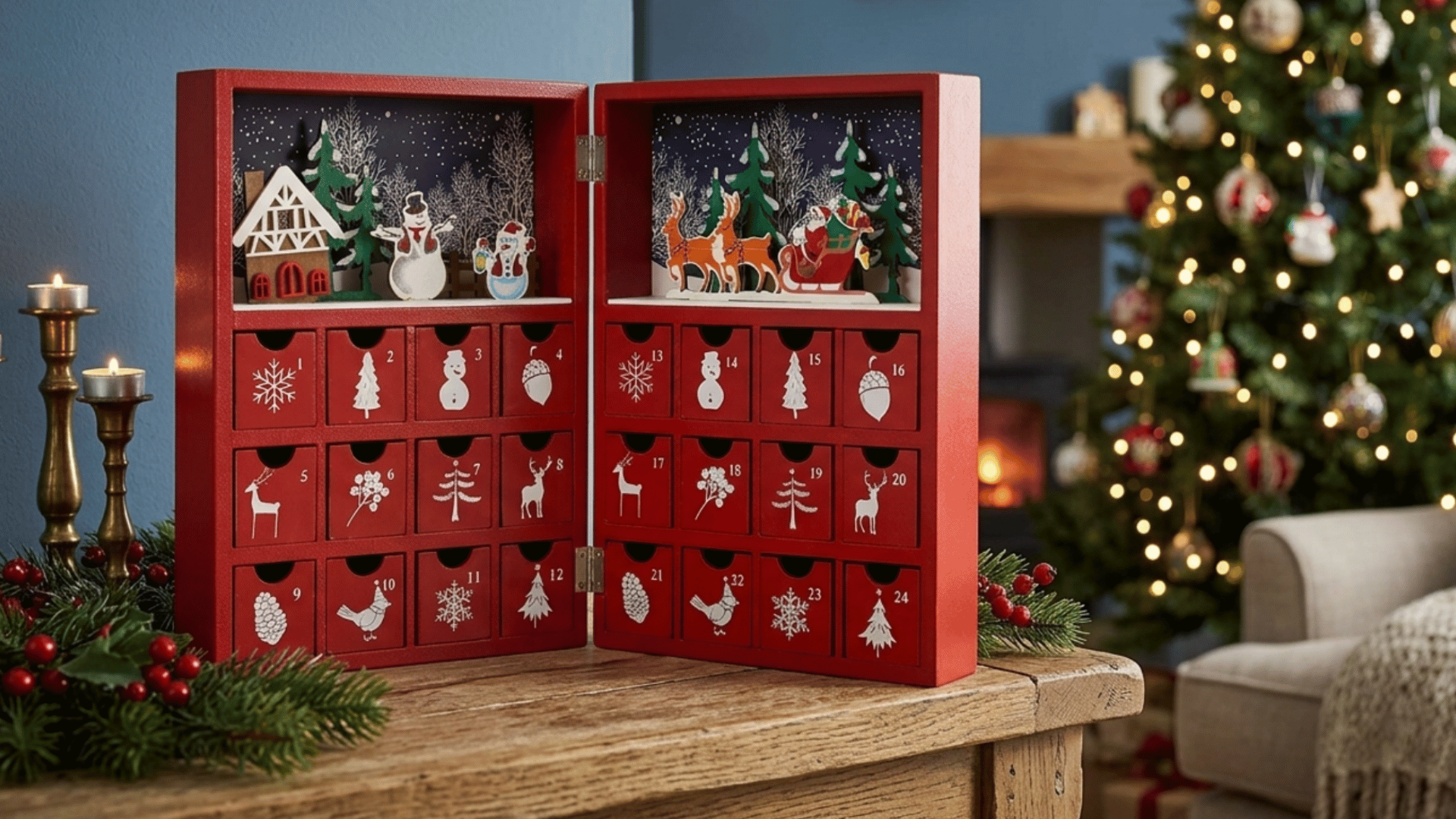cozy red wooden advent calendar with christmas tree lights, festive decor, and holiday countdown drawers indoors