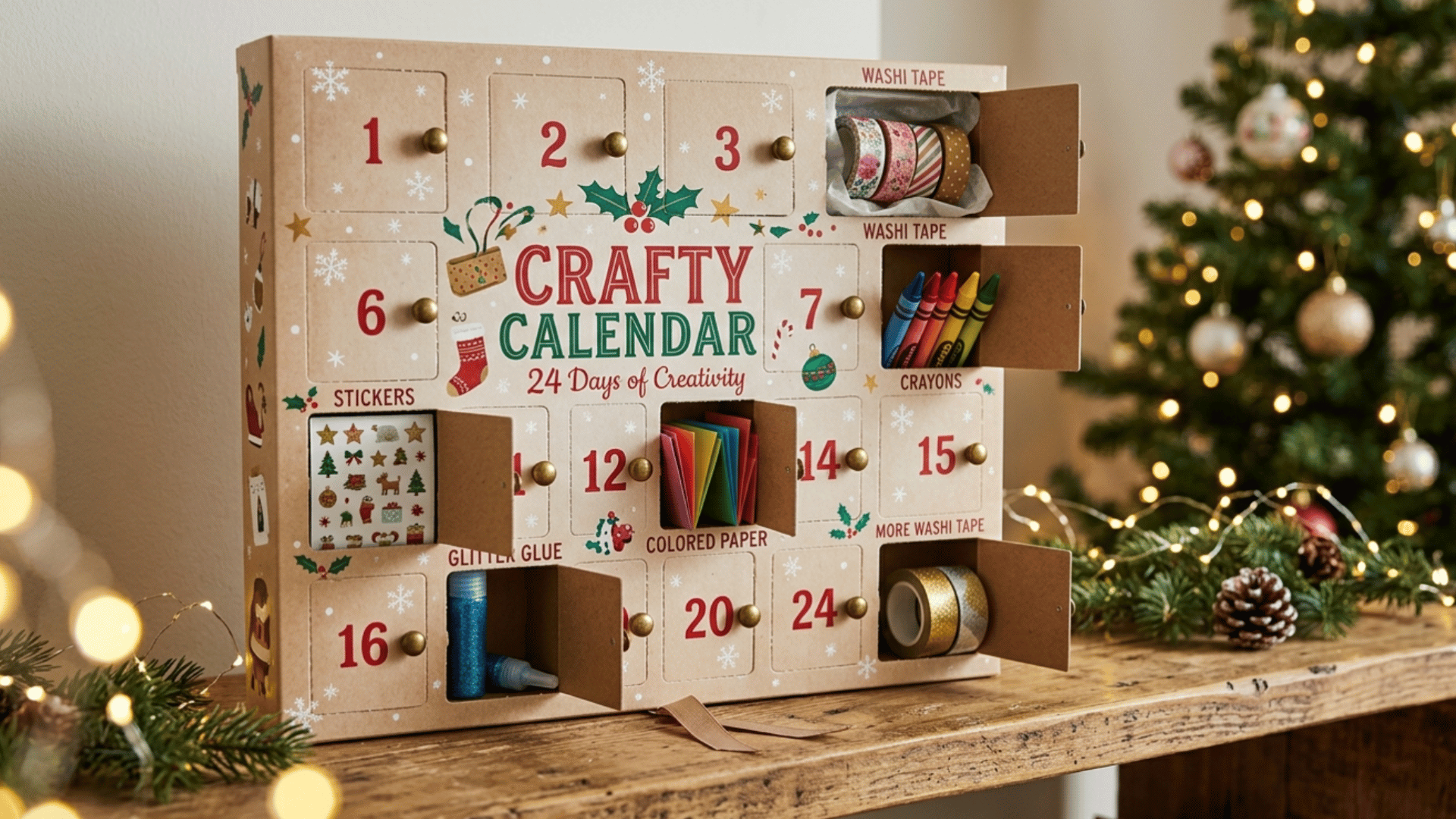 craft-themed advent calendar with crayons, stickers, washi tape, and holiday craft supplies on a festive table