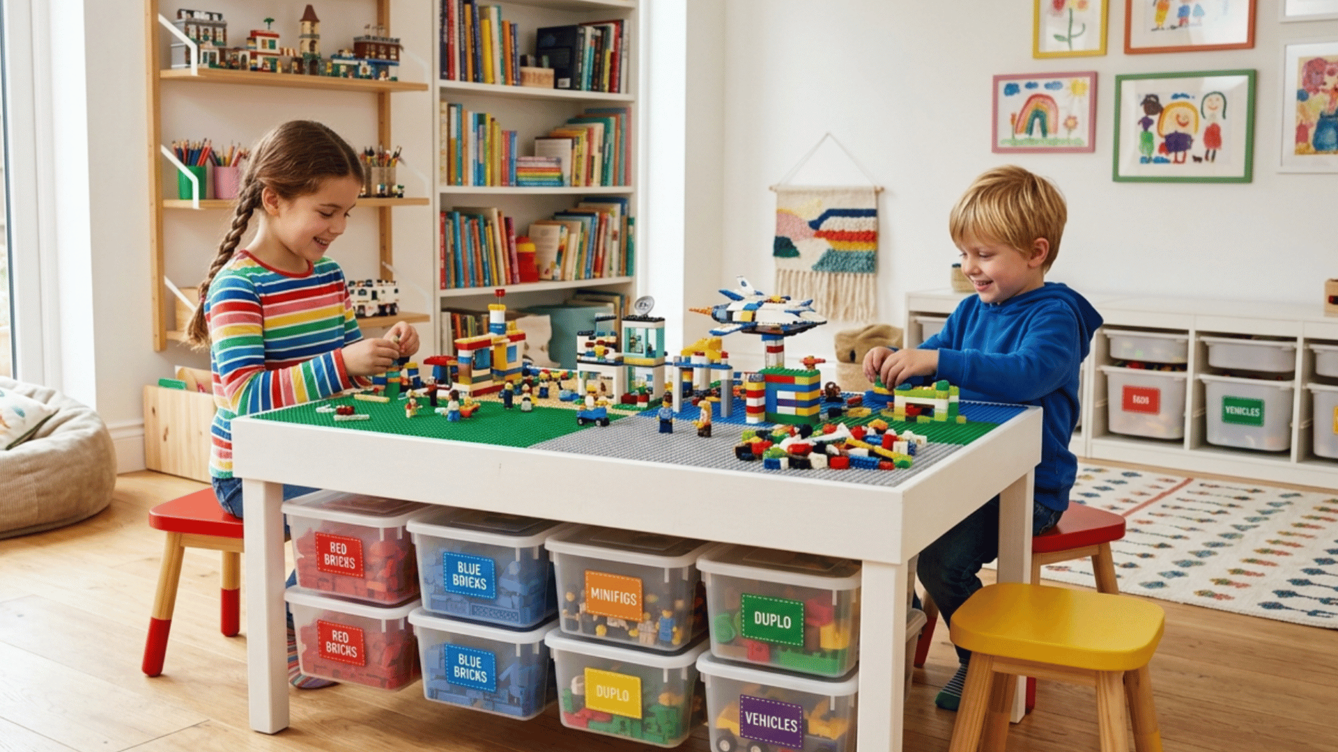 creative lego building table with colorful blocks, toy storage bins, and organized kids playroom setup