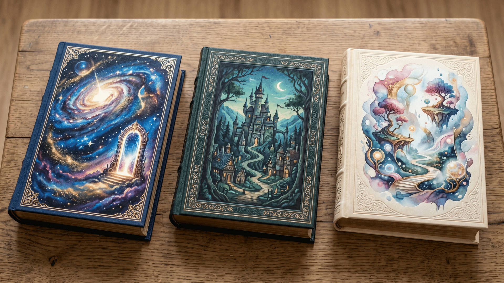 creative response project books with galaxy and portal-themed covers on a wooden table
