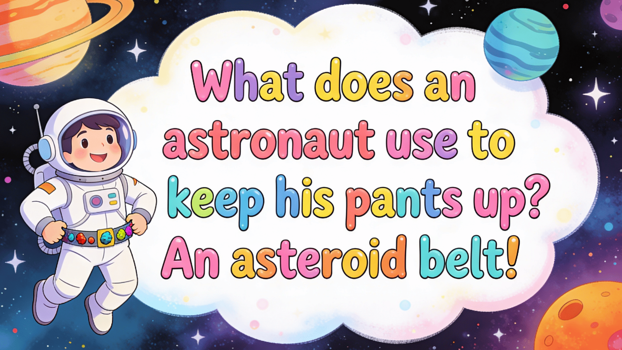 cute astronaut in space with asteroid belt pants joke and colorful planets background