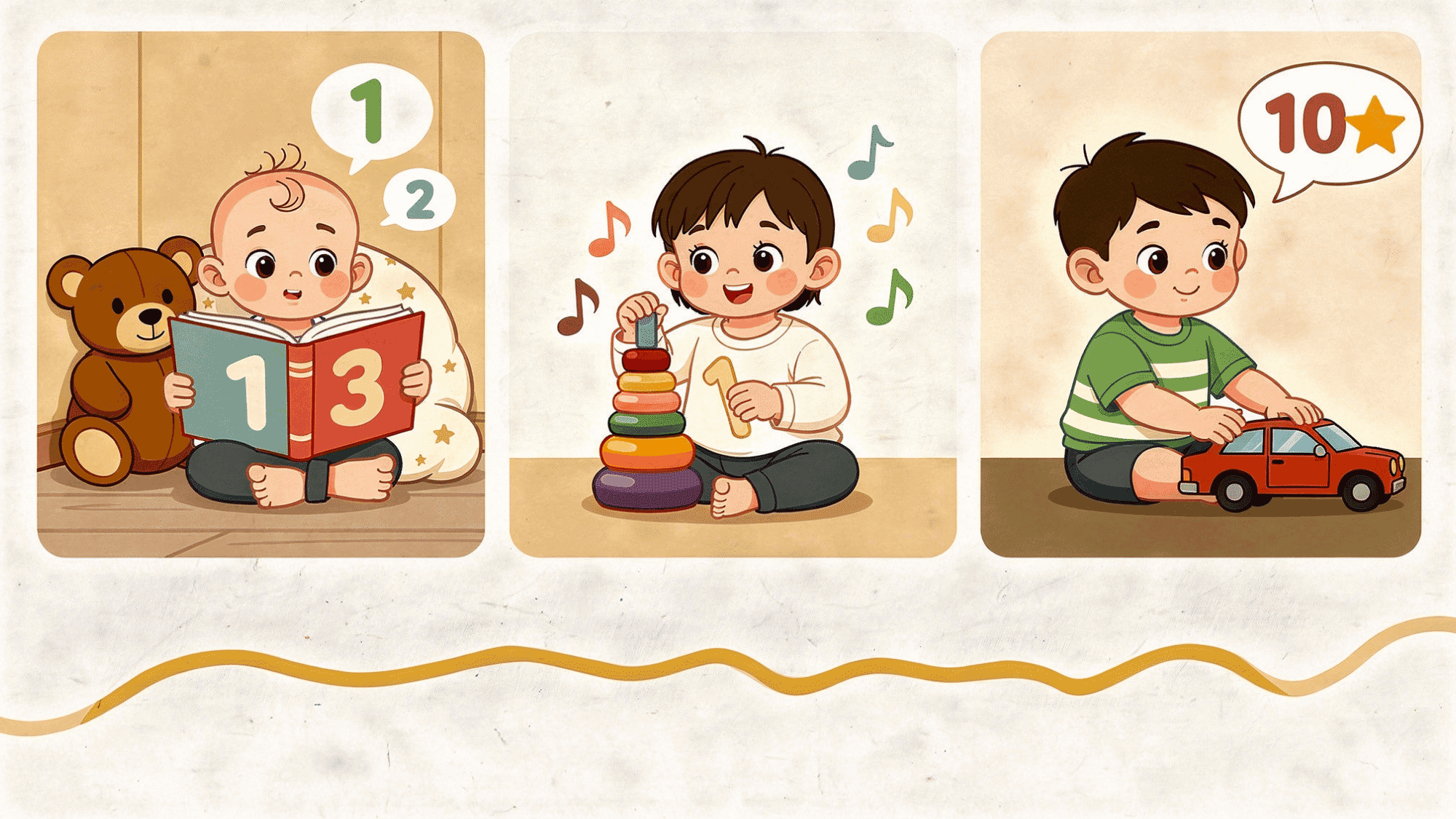 cute educational toddler milestone cards showing counting, stacking rings, and toy car play development stages