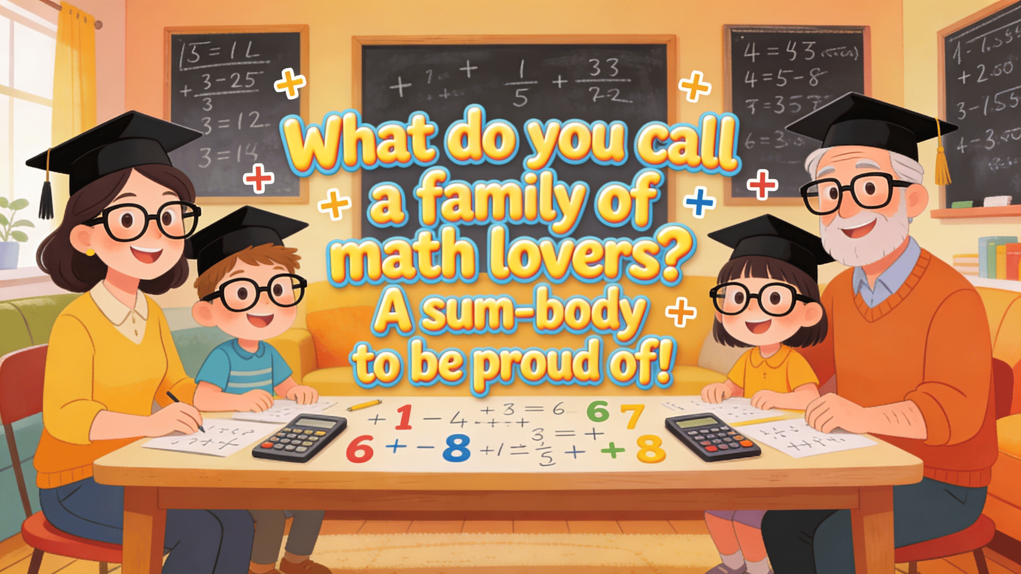 cute family of math lovers studying together with calculators and funny sum body pun joke in colorful classroom scene