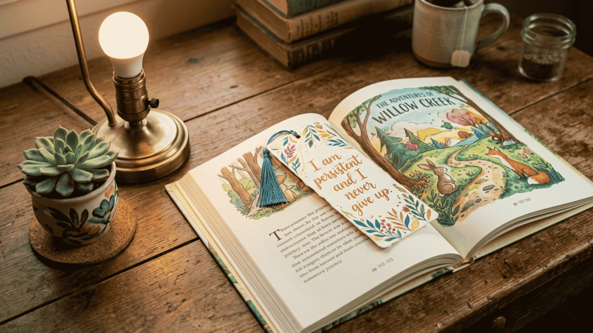 decorative bookmark saying i am persistent and i never give up placed inside an open colorful storybook on a wooden desk with a small plant and lamp nearby
