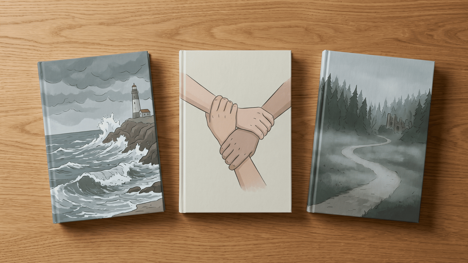 discussion circle game books with storm and island-themed covers on a wooden table