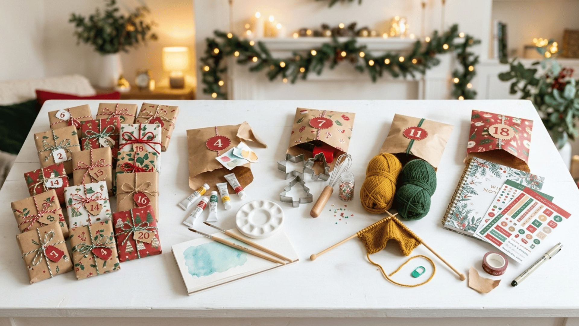 DIY craft advent calendar with small wrapped gifts, painting supplies, knitting yarn, baking tools, and stationery on a festive holiday table