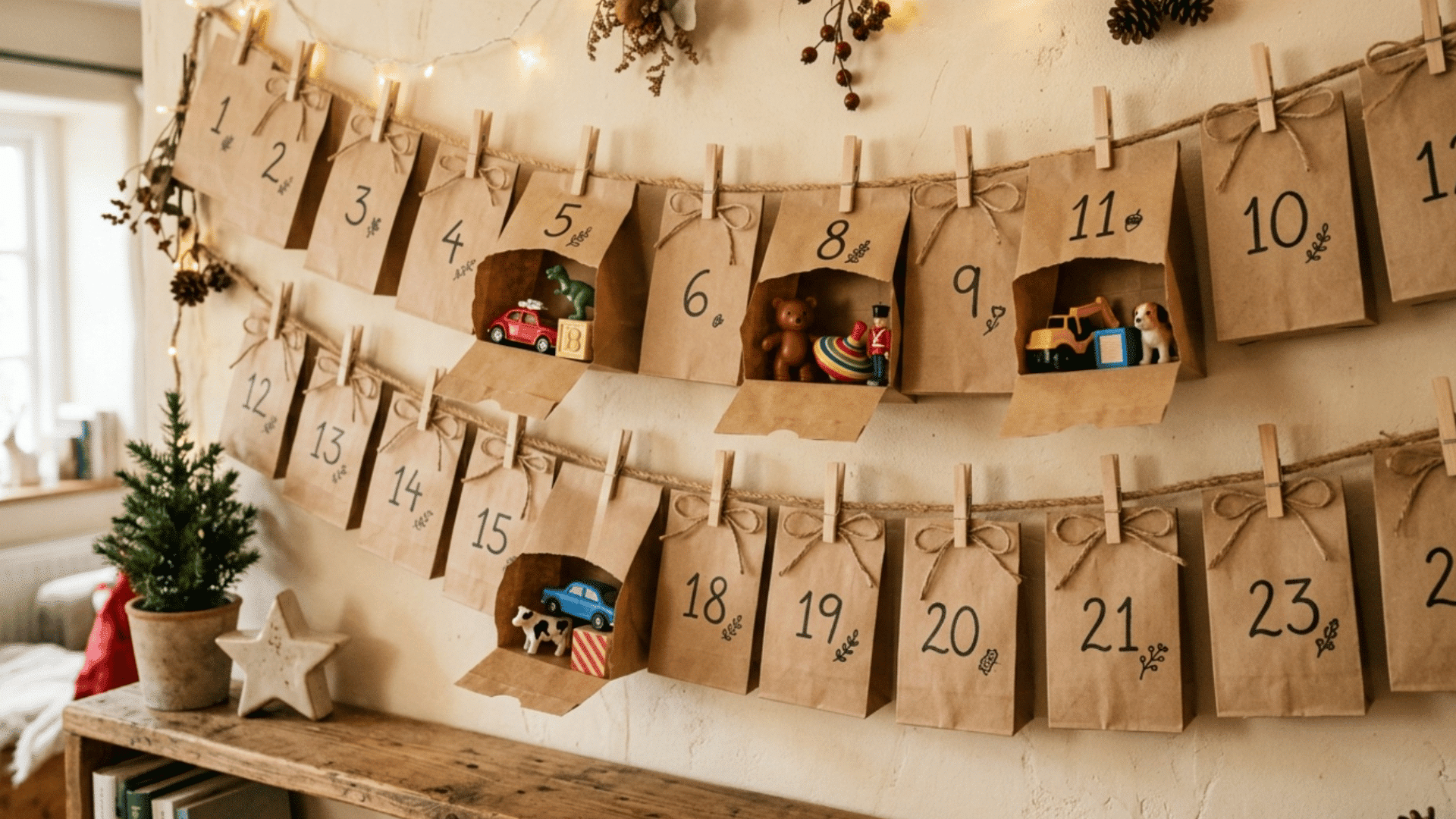 diy paper bag advent calendar hanging on wall with toy surprises, fairy lights, and cozy rustic christmas decor