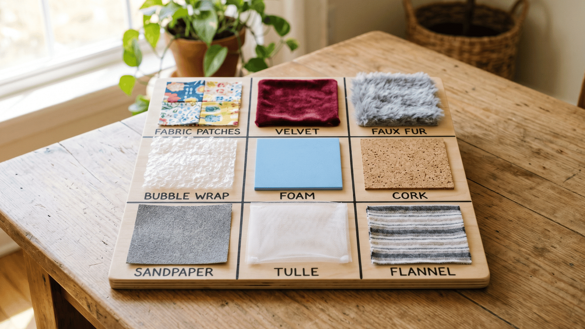 diy sensory texture board with fabric, foam, and textured materials on a table