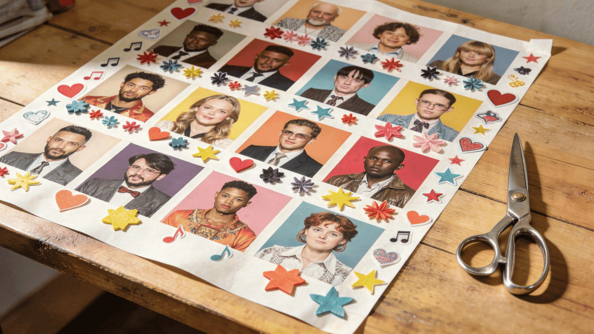 dream cast poster board with printed celebrity photos, handwritten character names, colorful markers, and stickers on a wooden table