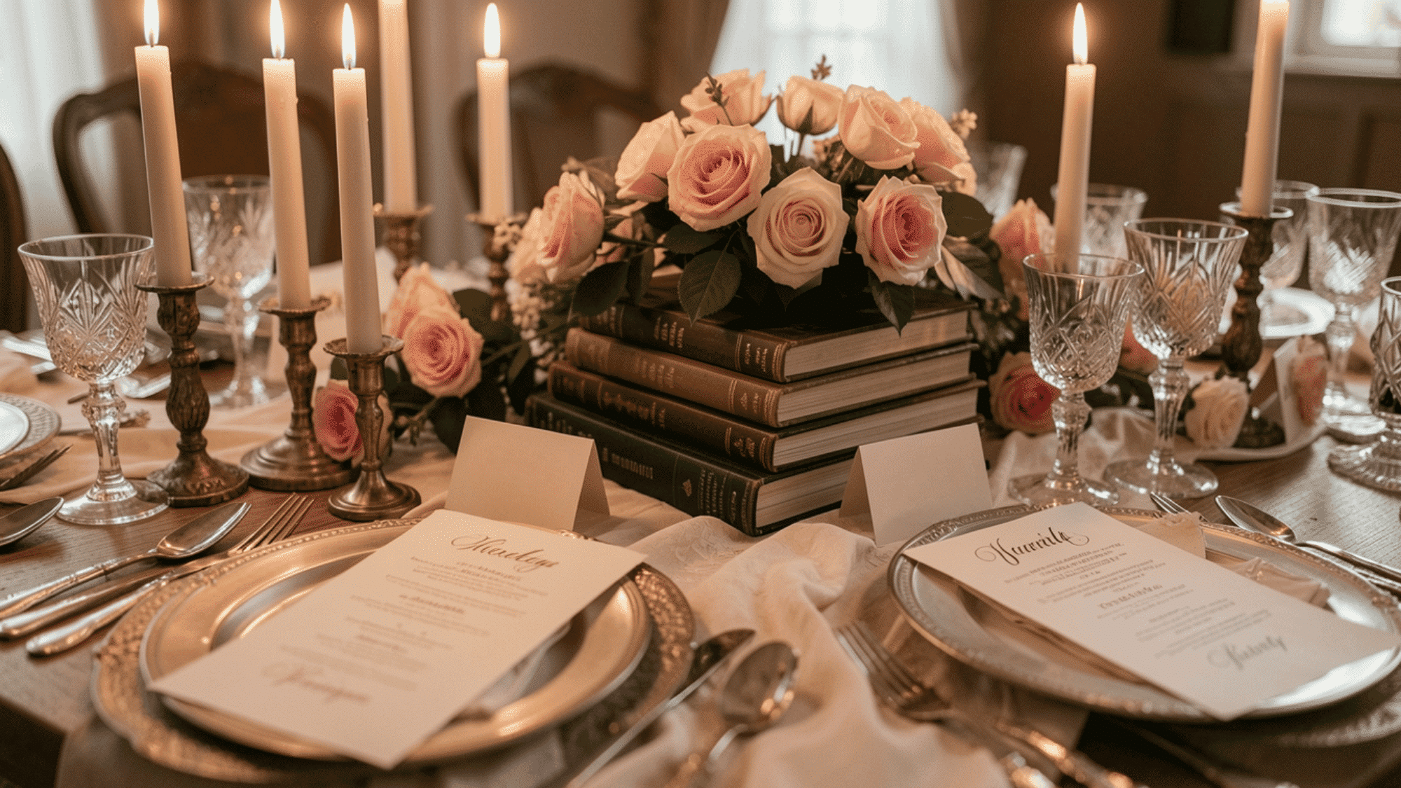 elegant literary dinner table with candles printed menus character name cards and stacked books as cozy centerpieces