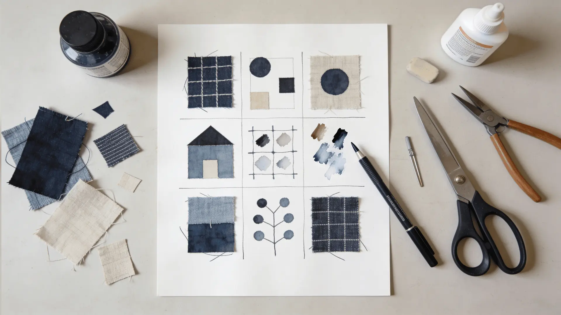 Fabric collage with small cloth pieces arranged into shapes with paint and pen details on a workspace