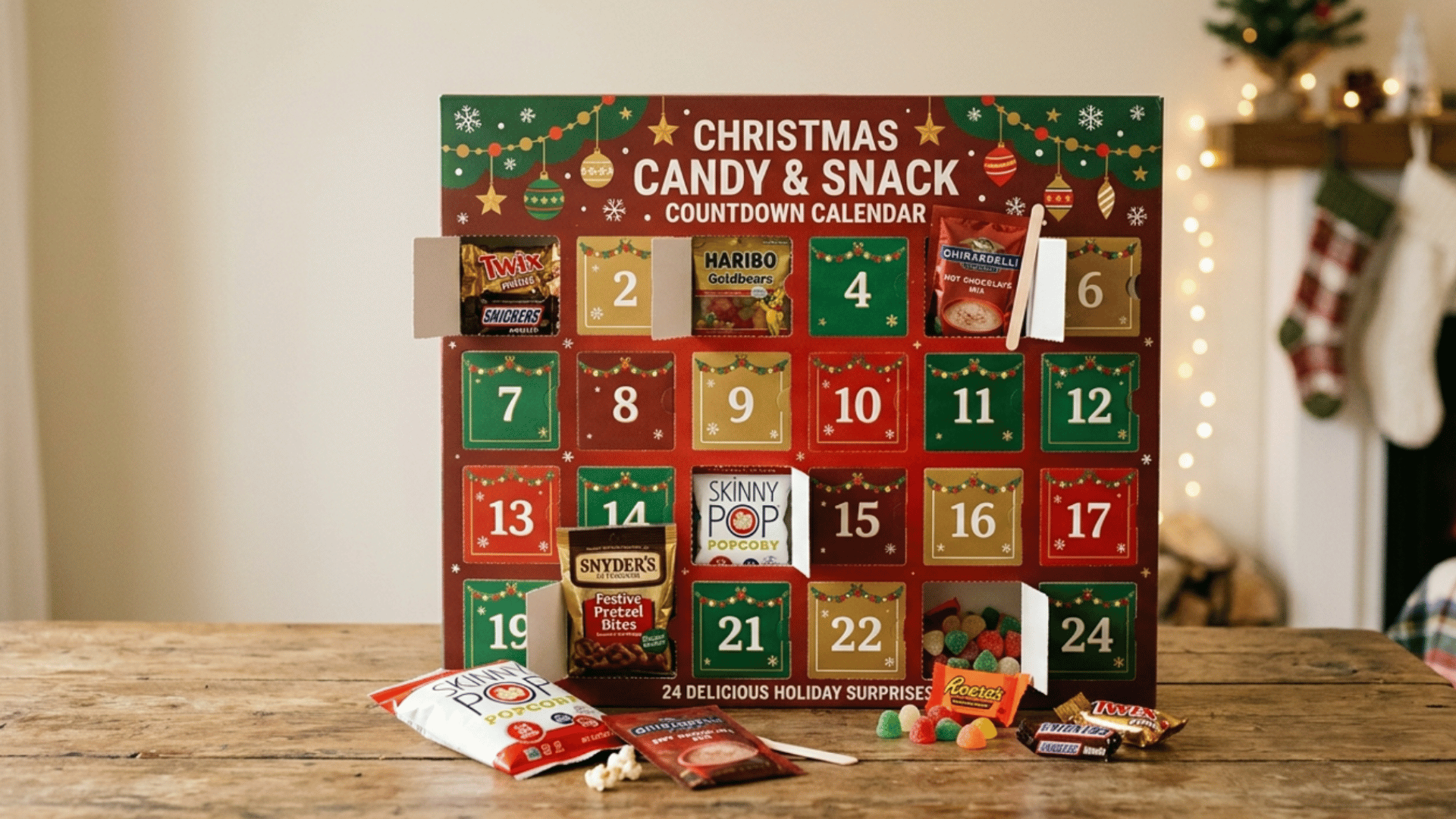 festive snack advent calendar with candy, popcorn, gummies, hot chocolate, and cozy christmas decor indoors