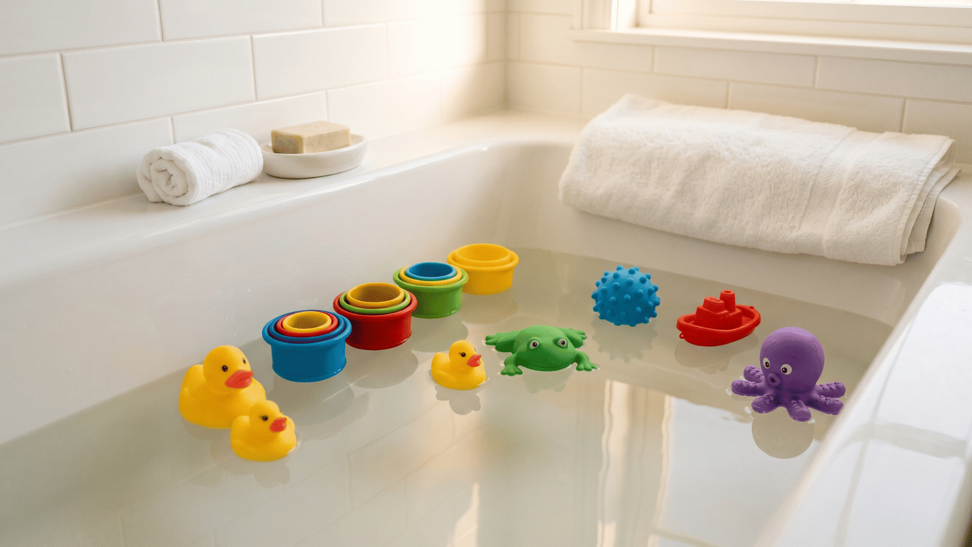 floating bath toys arranged in a clean bathtub with calm shallow water