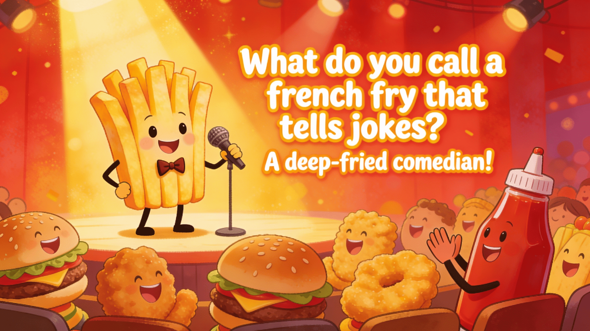 funny french fry comedian telling jokes on stage with smiling fast food audience and deep fried comedian pun text