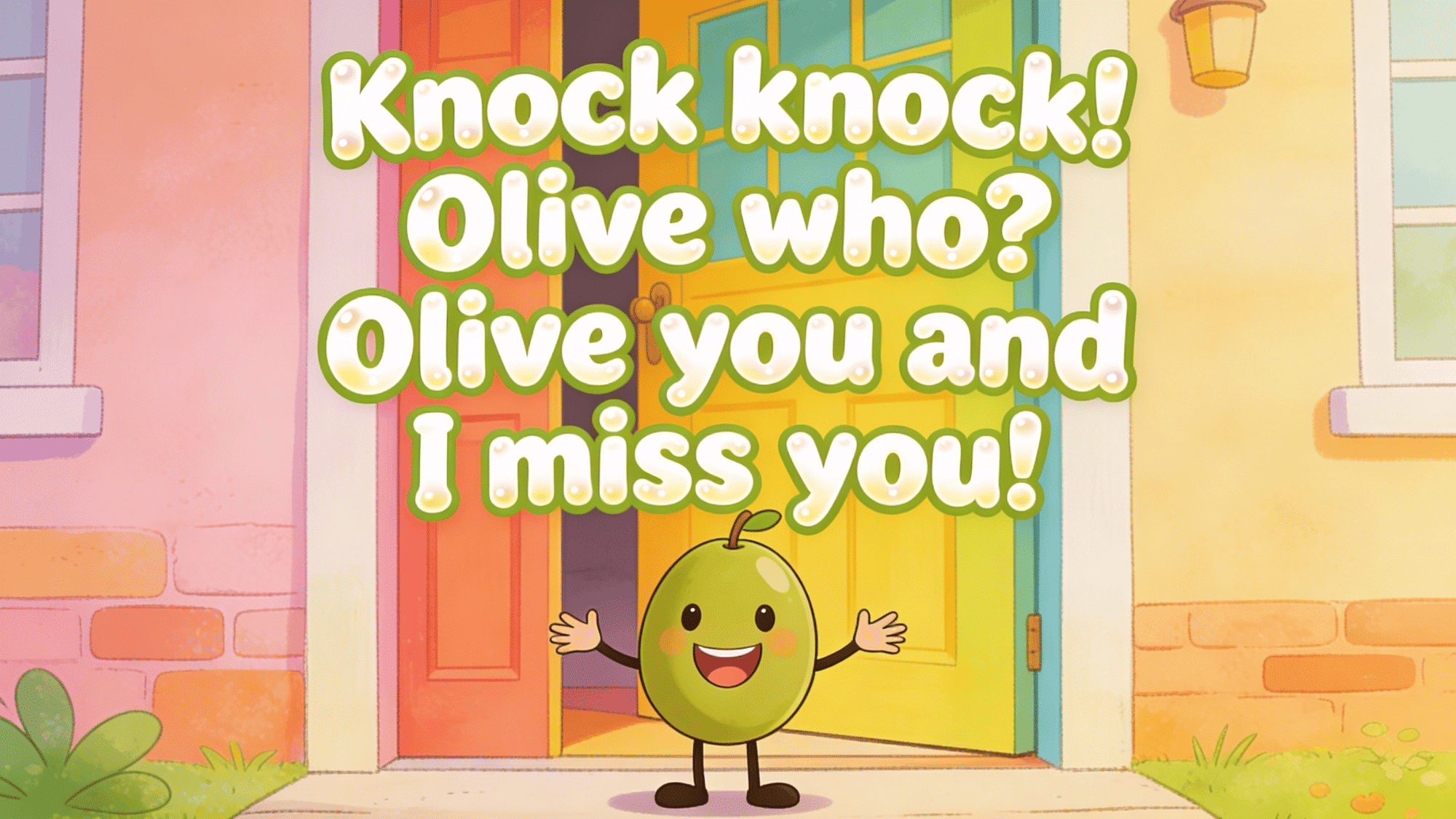 funny olive knock knock joke character standing at colorful front door illustration