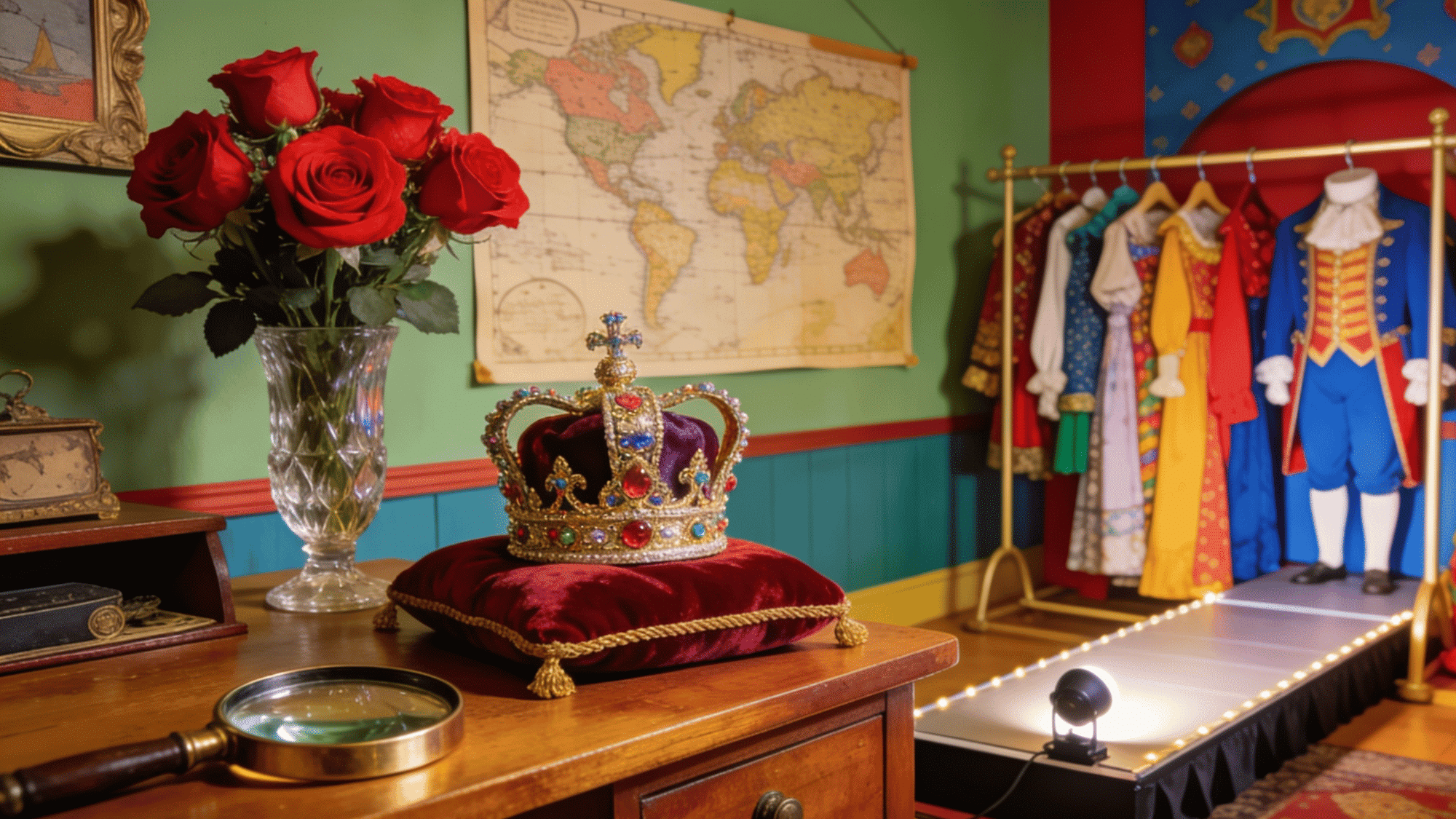 genre themed party room with mystery props fantasy crowns romance roses costume rack and decorated mini runway floor space