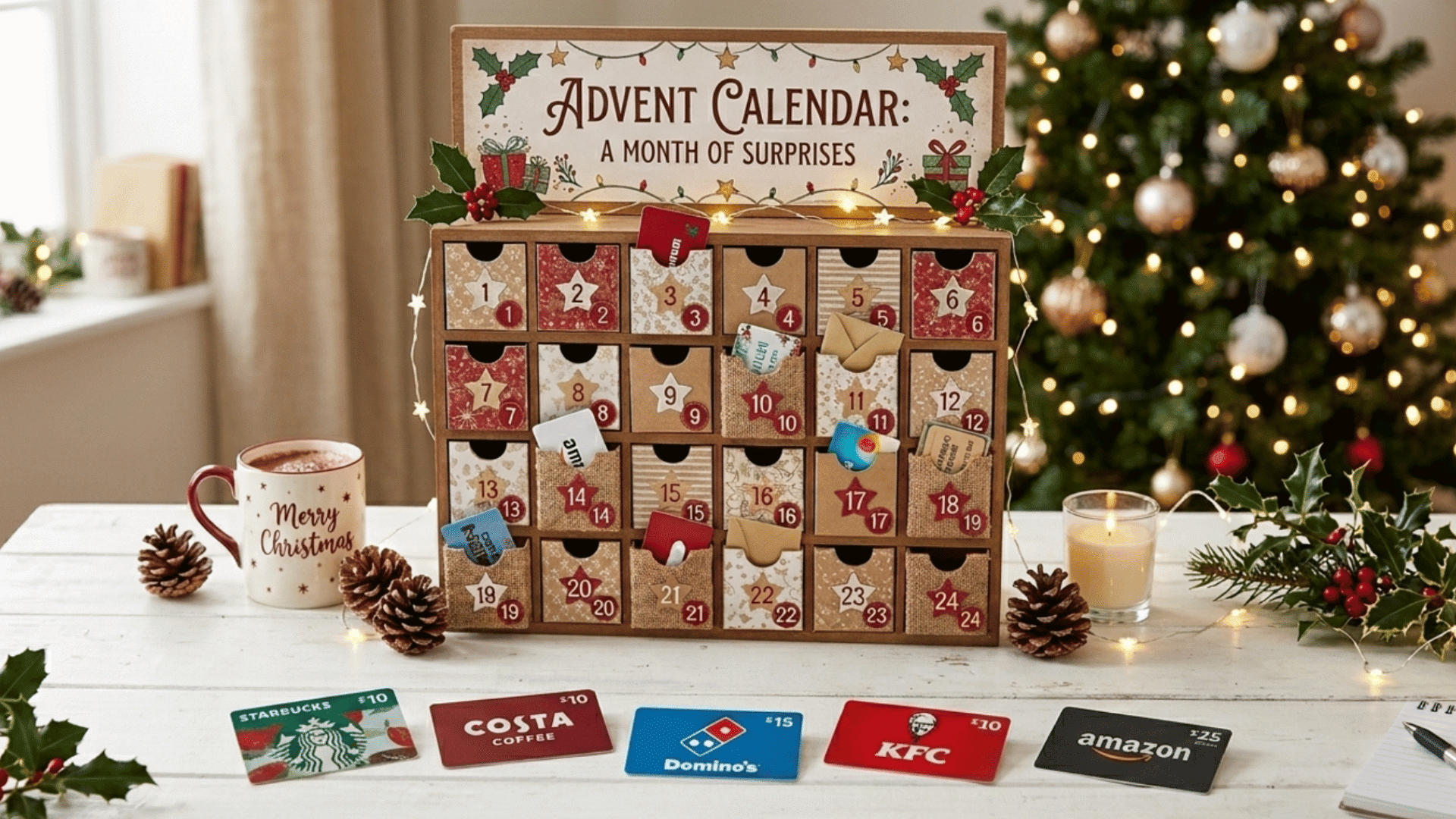 gift card advent calendar with coffee, food, and shopping vouchers beside christmas tree and holiday decorations