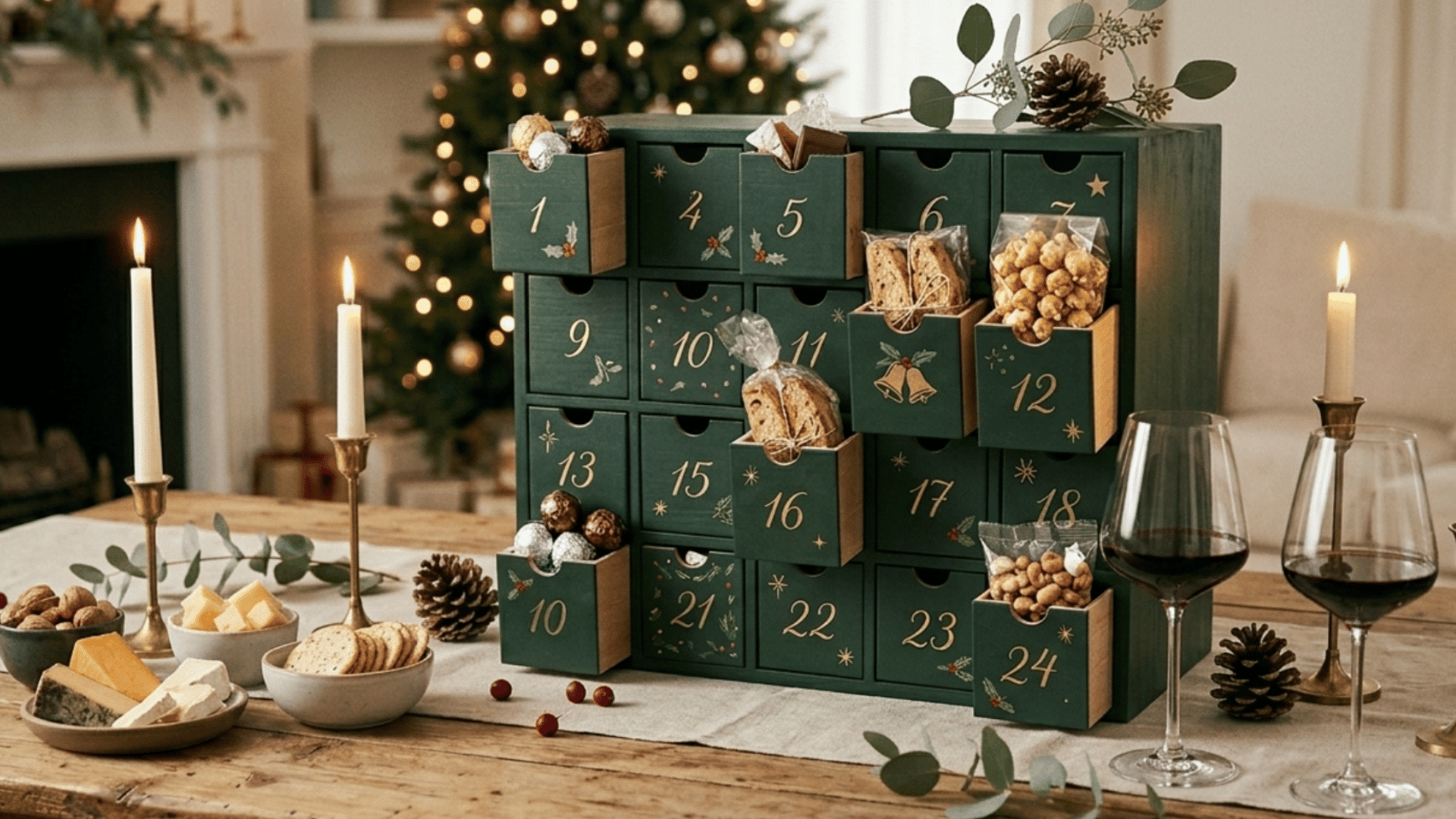 gourmet food advent calendar with wine, cheese, snacks, and cozy christmas candlelight table setting